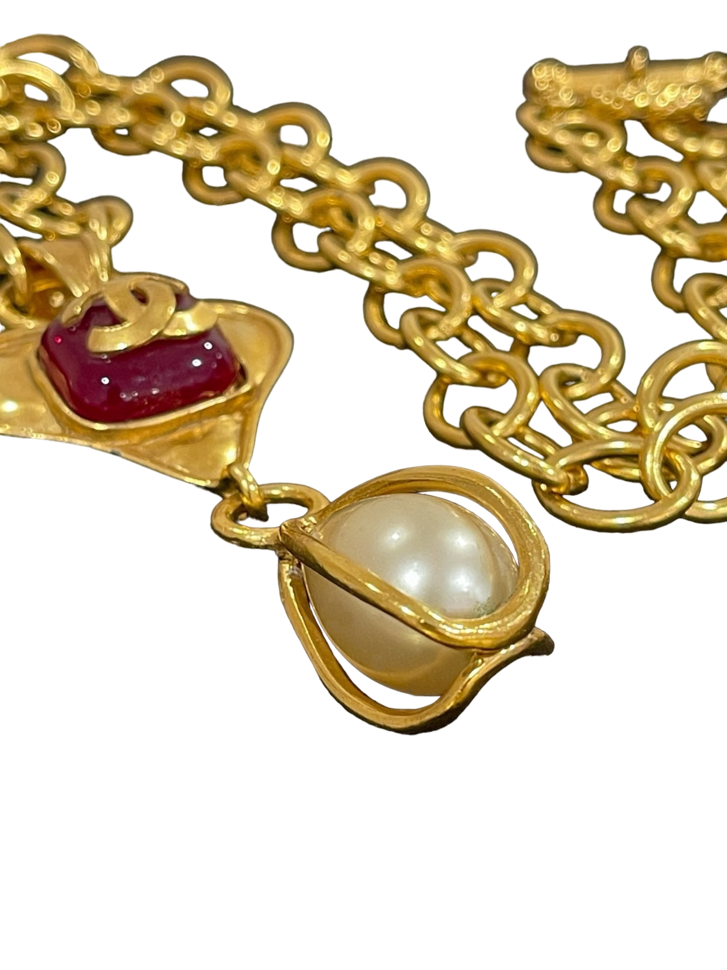 CHANEL - Red Colored Glaze Pearl Pendant