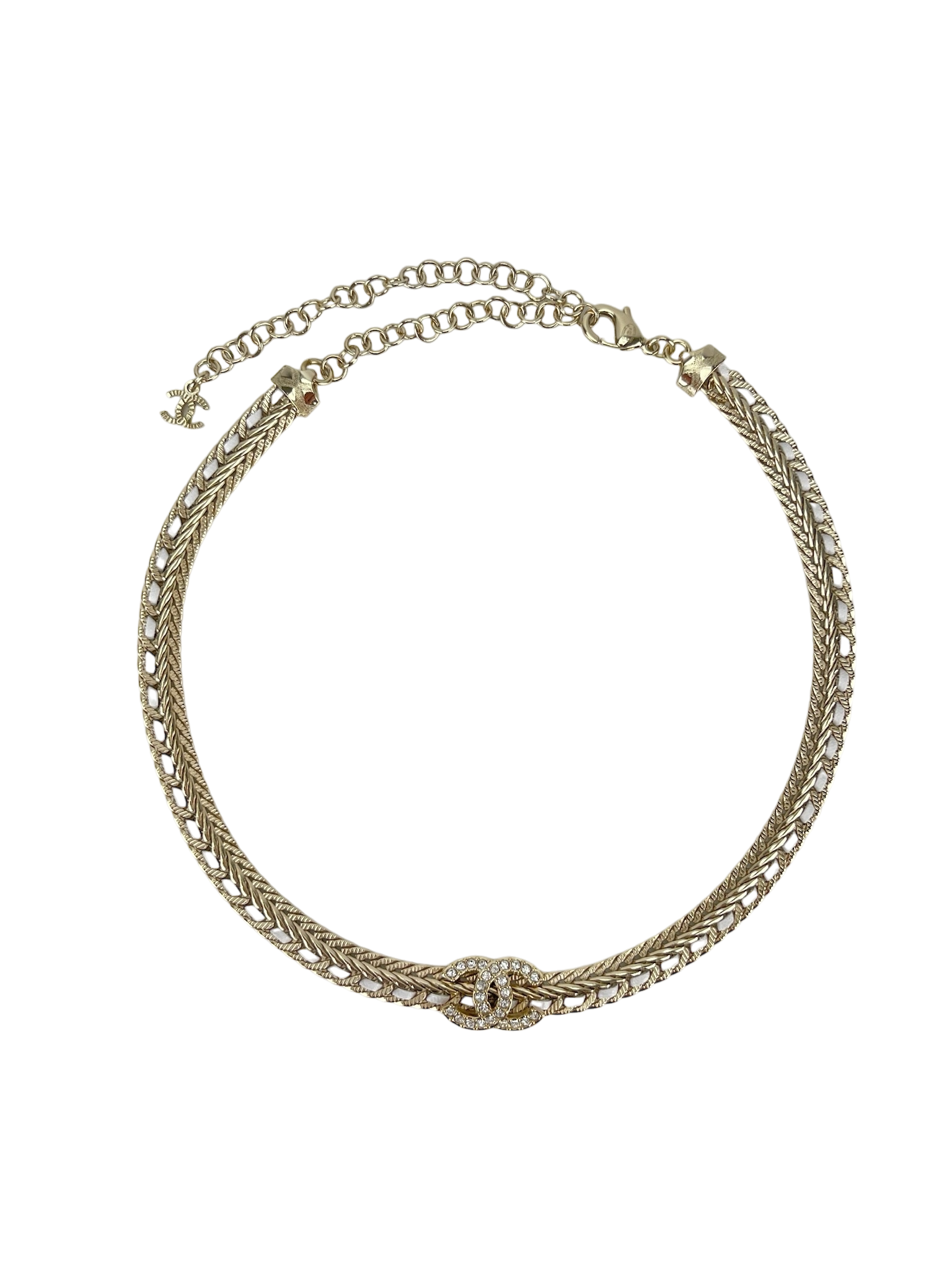 CHANEL - 22S Gold Crystal Leather CC Mark Necklace