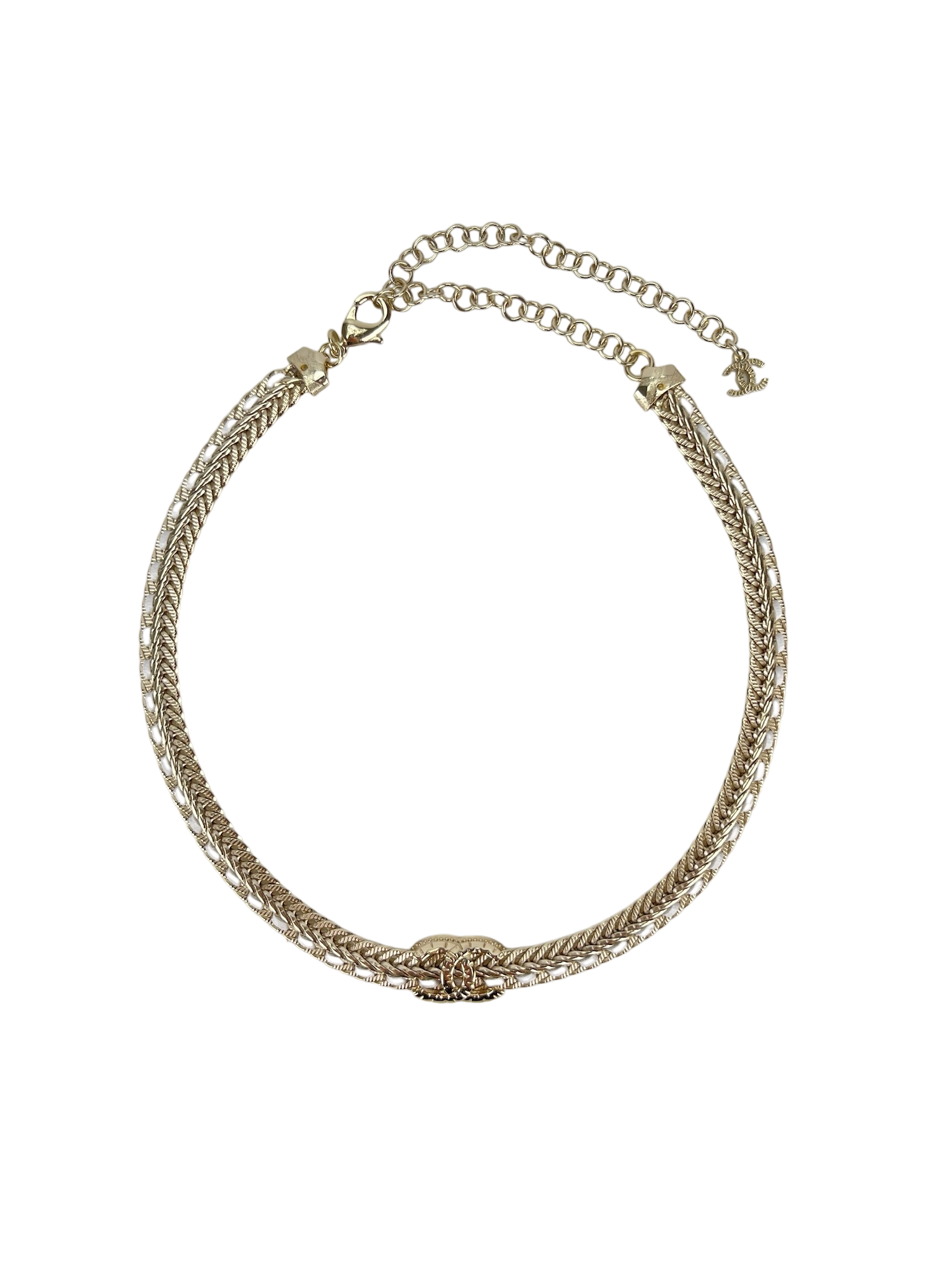CHANEL - 22S Gold Crystal Leather CC Mark Necklace