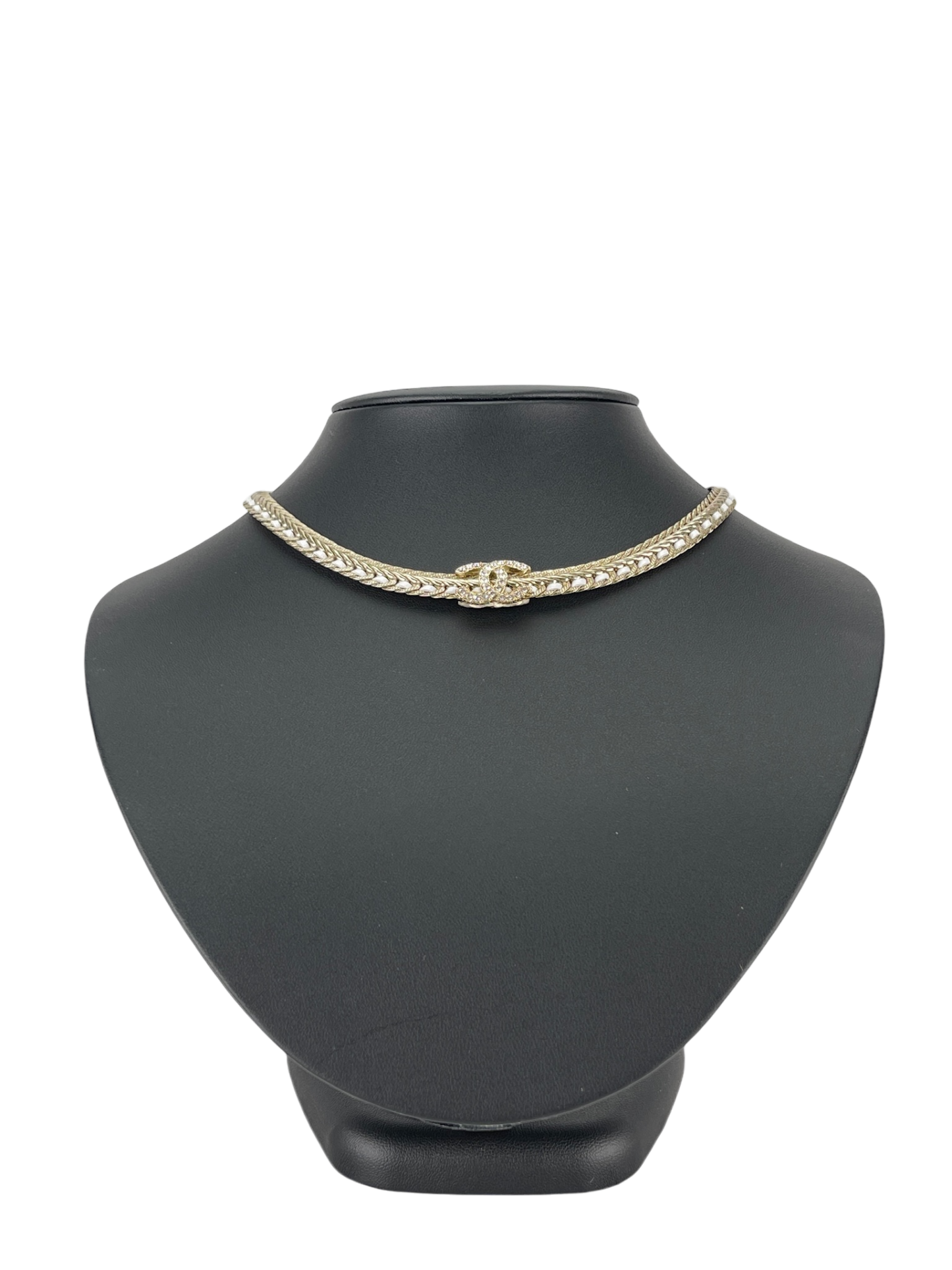 CHANEL - 22S Gold Crystal Leather CC Mark Necklace