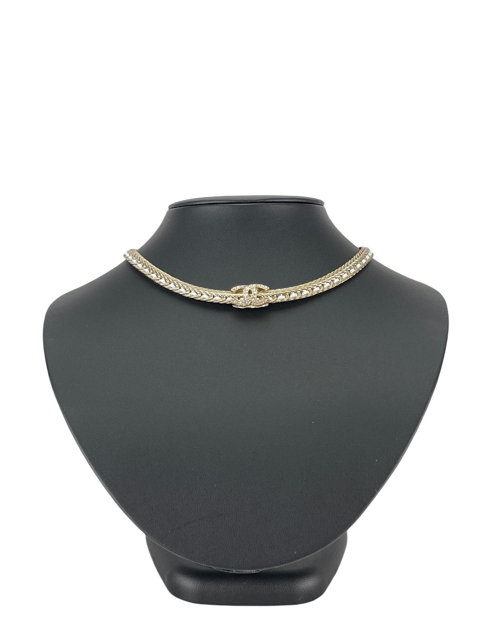 CHANEL - 22S Gold Crystal Leather CC Mark Necklace