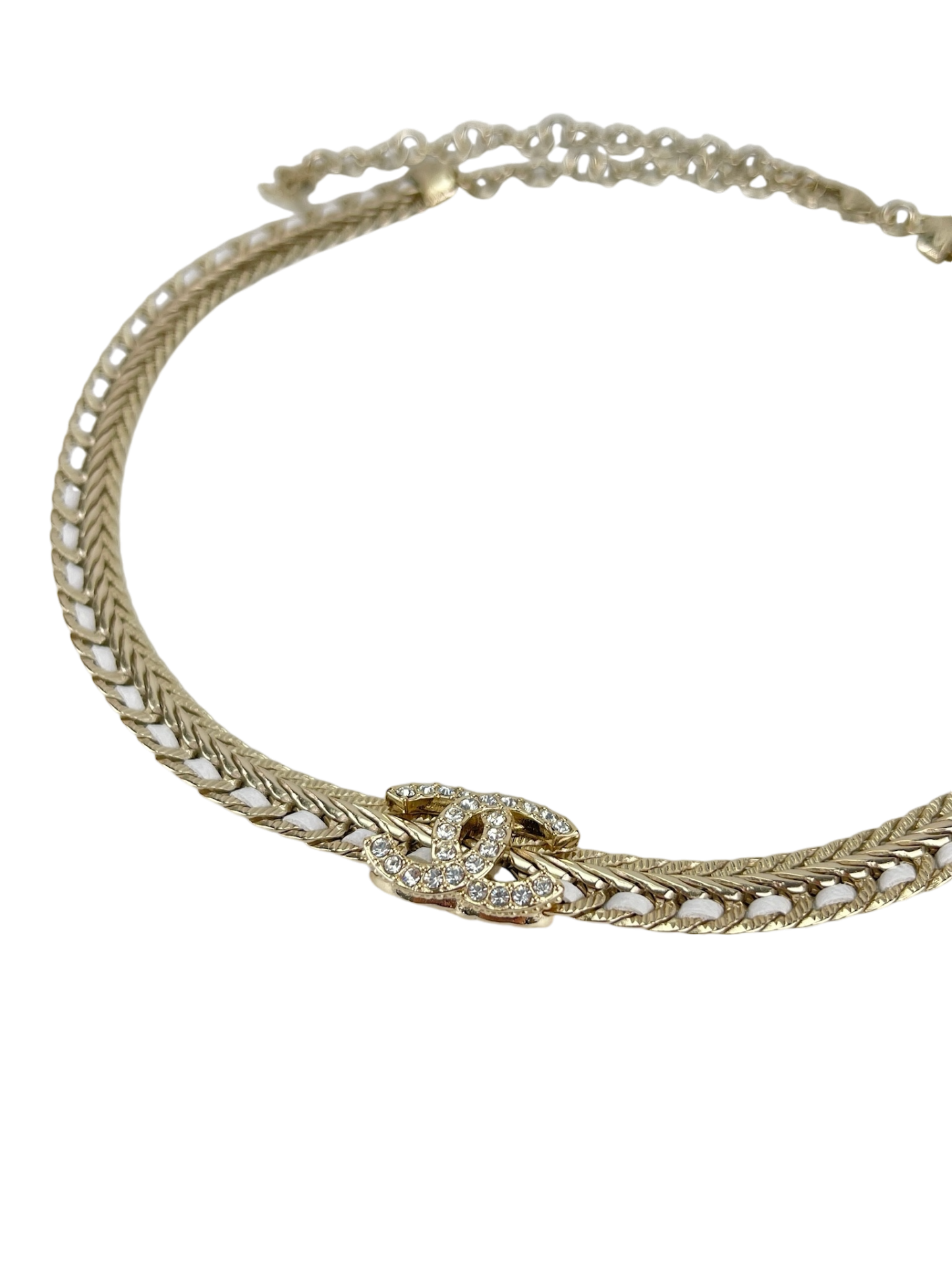 CHANEL - 22S Gold Crystal Leather CC Mark Necklace