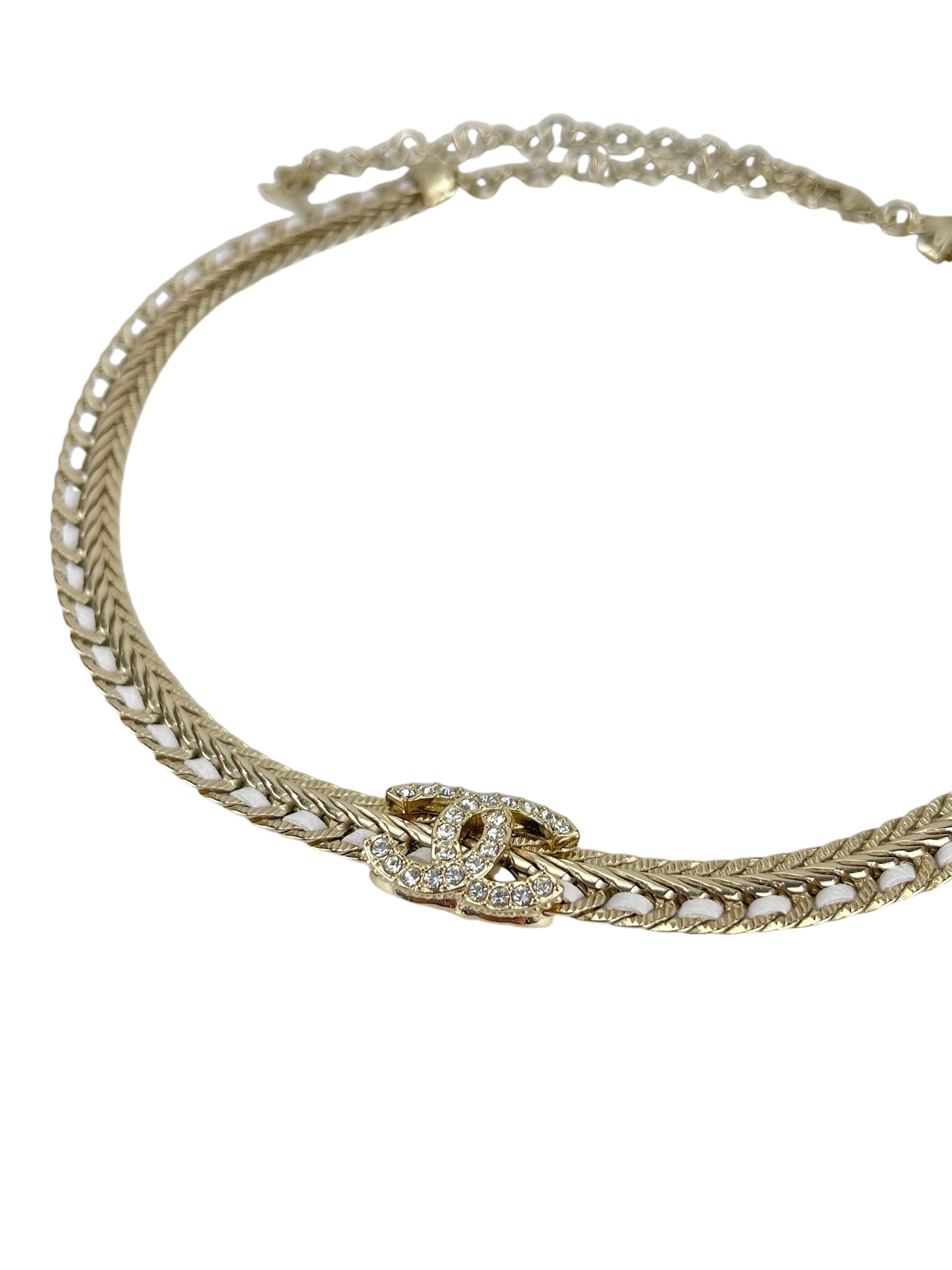 CHANEL - 22S Gold Crystal Leather CC Mark Necklace