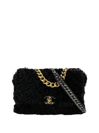 CHANEL - Fur Wool Black Calfskin 19 Large Flap Bag