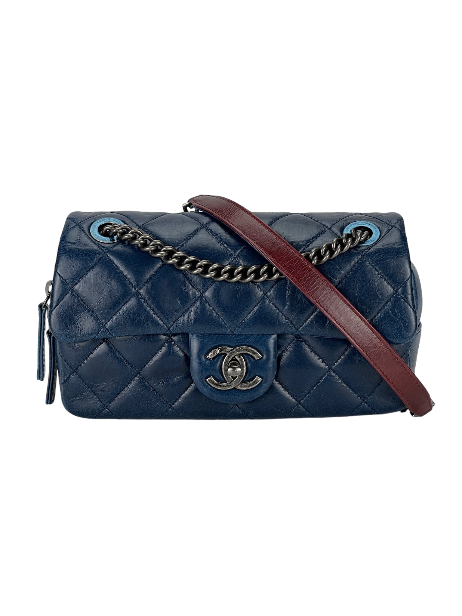 CHANEL - Glazed Blue Calfskin Quilted Medium Duo Flap Bag