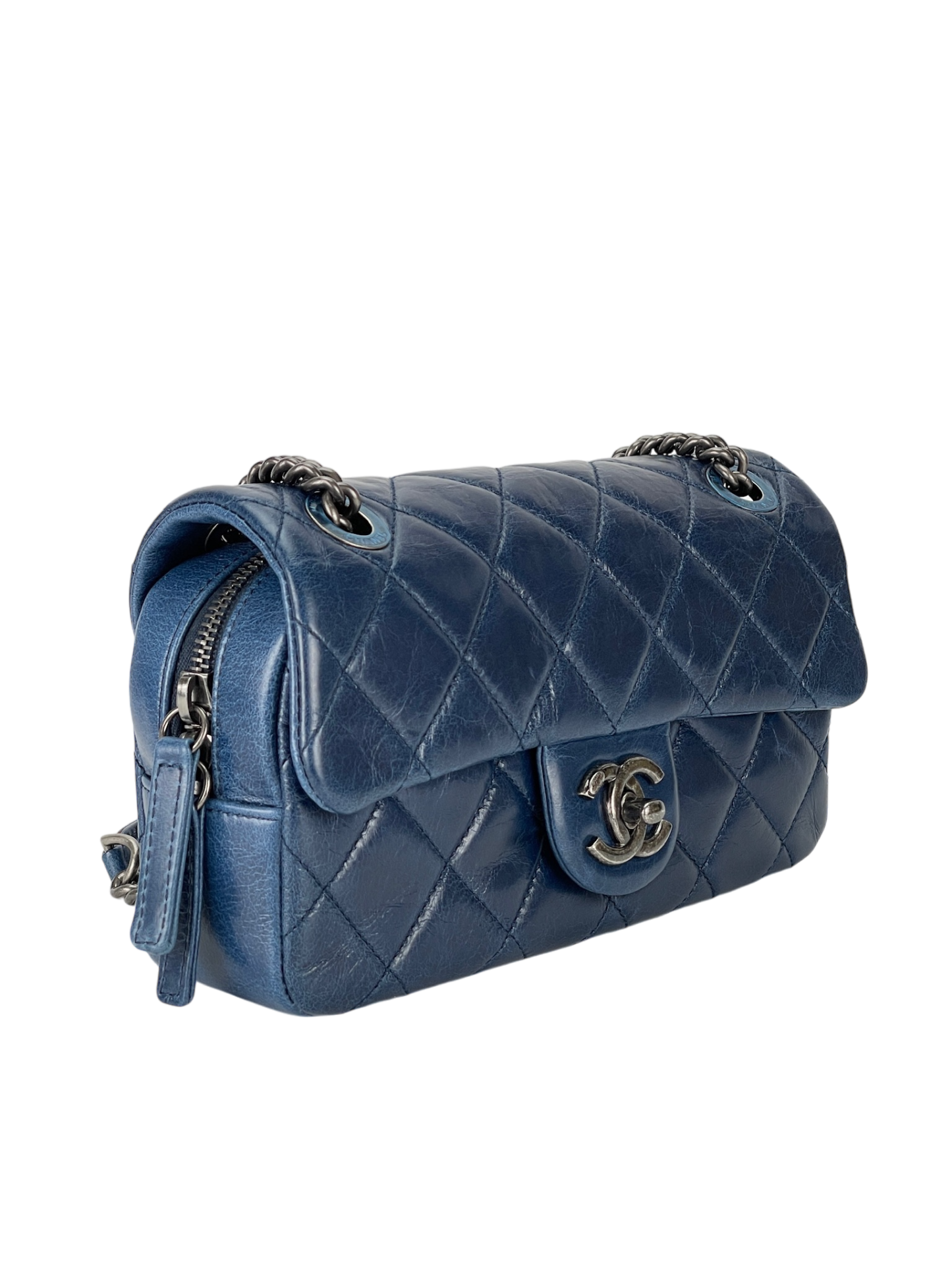 CHANEL - Glazed Blue Calfskin Quilted Medium Duo Flap Bag