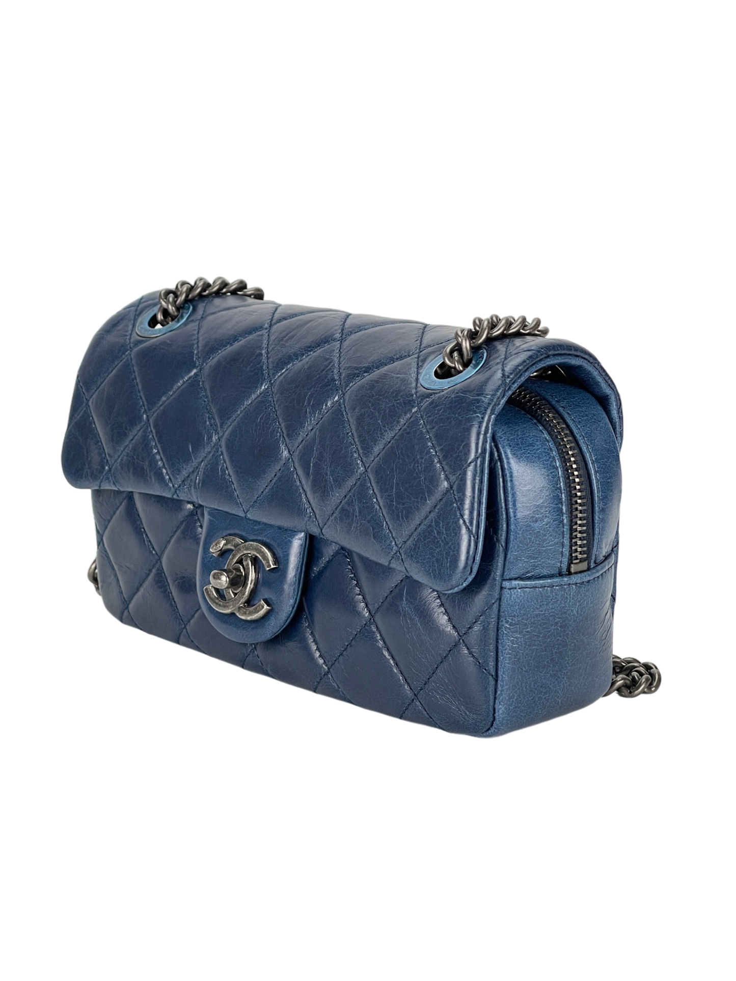 CHANEL - Glazed Blue Calfskin Quilted Medium Duo Flap Bag