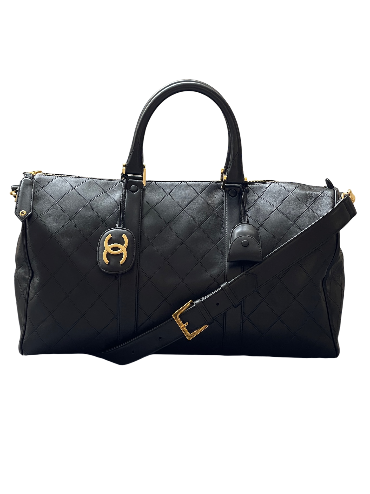 CHANEL - 1991-1994 Black Lambskin Bicolore 2way Duffle Handbag