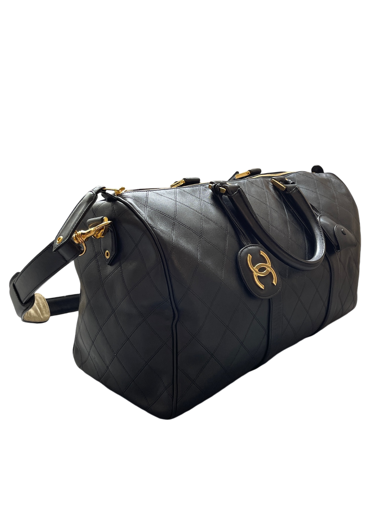 CHANEL - 1991-1994 Black Lambskin Bicolore 2way Duffle Handbag