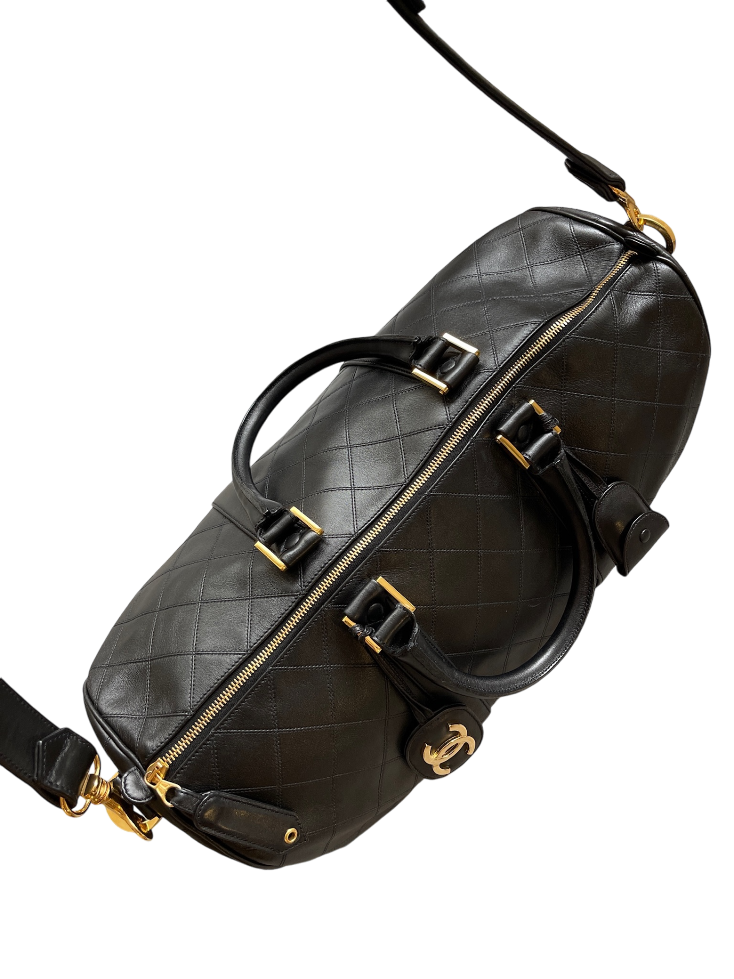 CHANEL - 1991-1994 Black Lambskin Bicolore 2way Duffle Handbag
