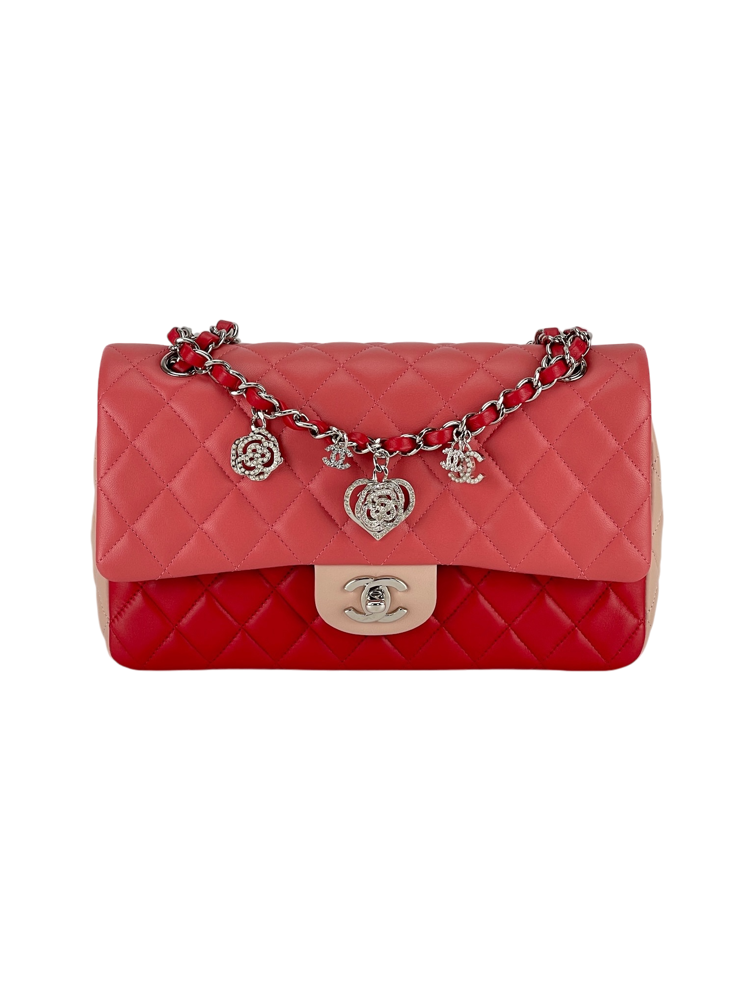 CHANEL - Timeless Pink Red Charms Tricolor Classic 25 Flap Bag
