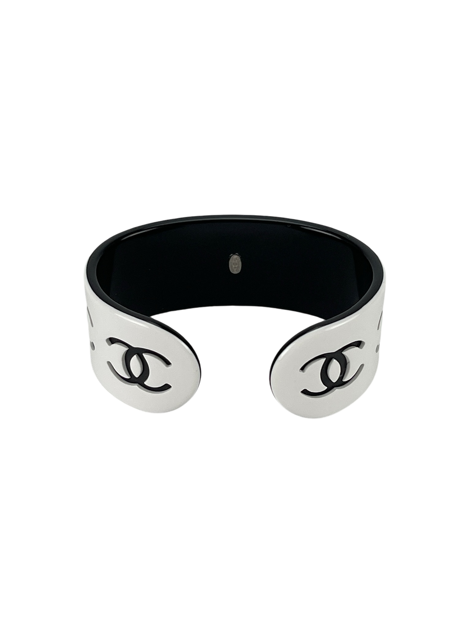 CHANEL - Black CC Logo x White Plastic Open Bangle