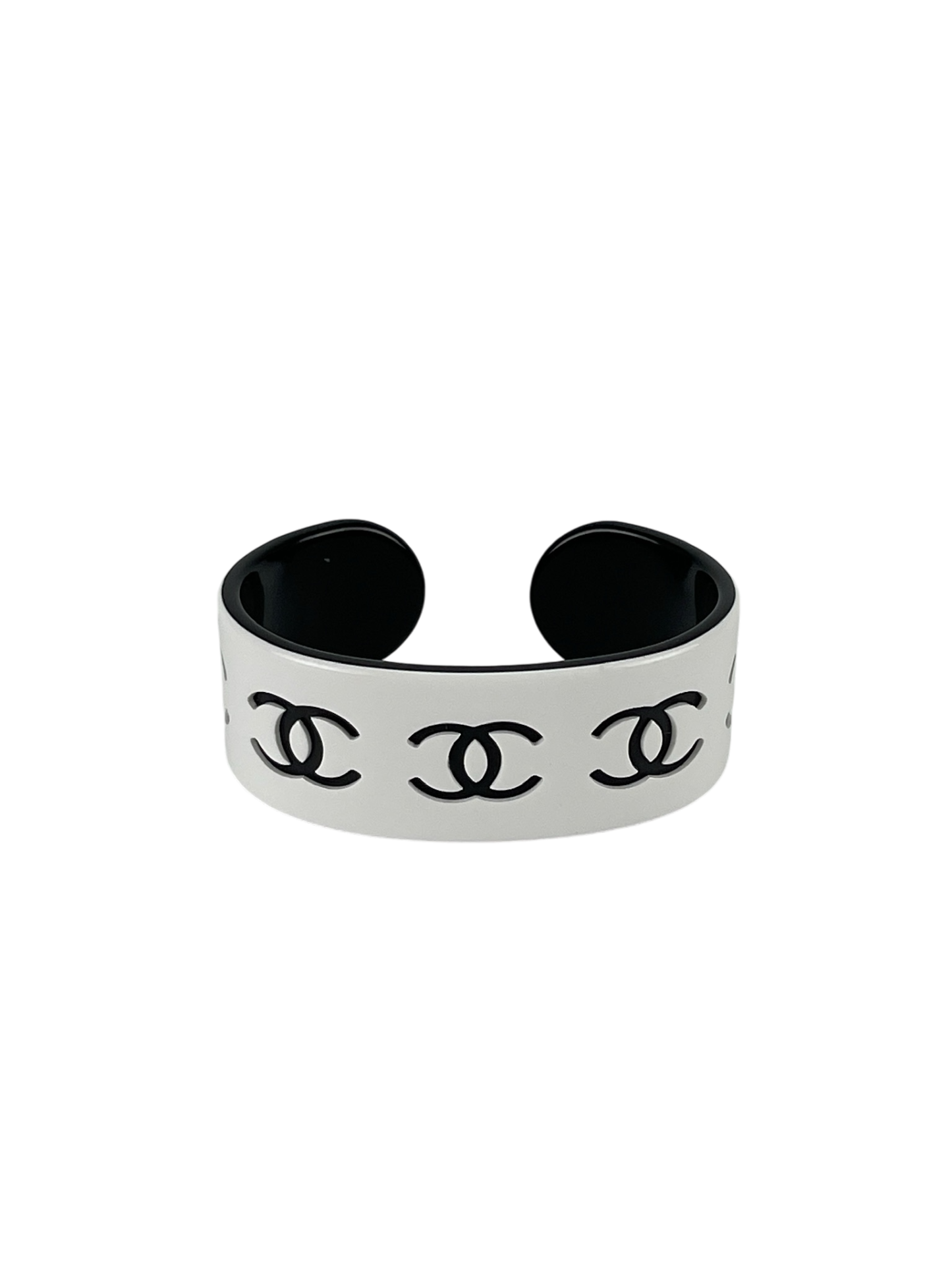 CHANEL - Black CC Logo x White Plastic Open Bangle