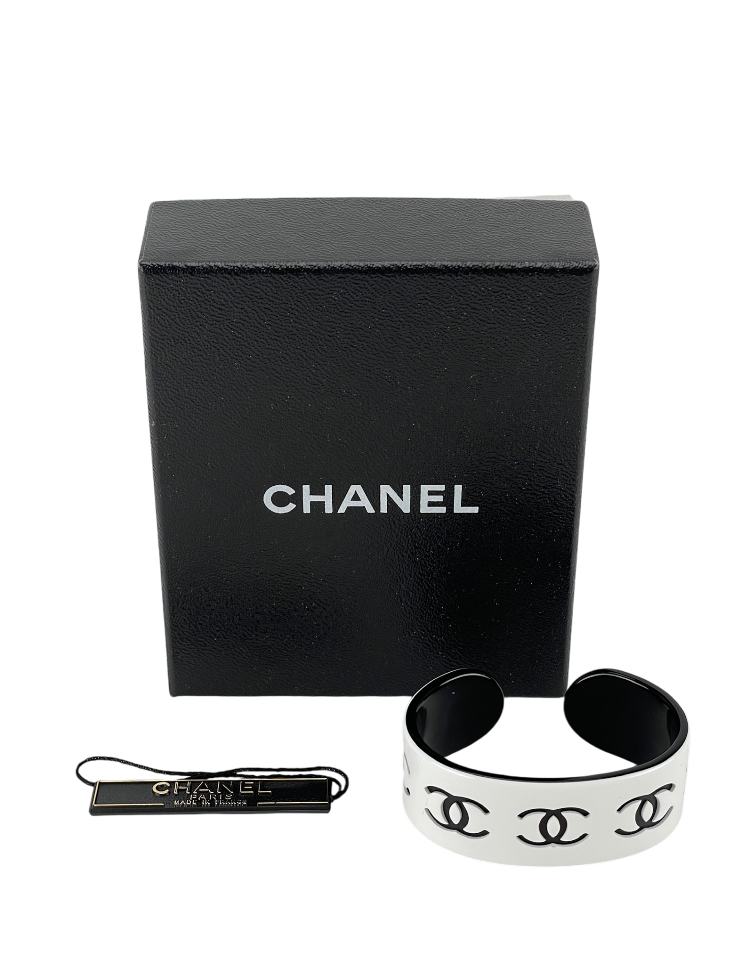 CHANEL - Black CC Logo x White Plastic Open Bangle