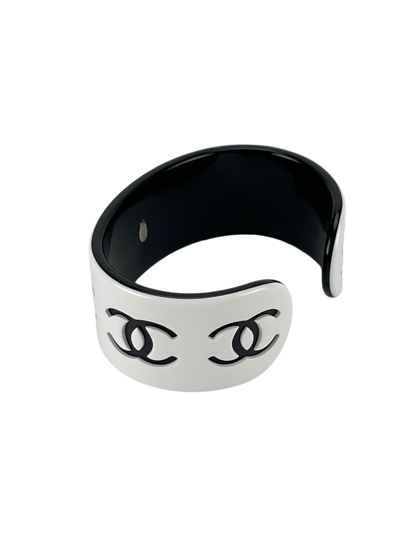 CHANEL - Black CC Logo x White Plastic Open Bangle