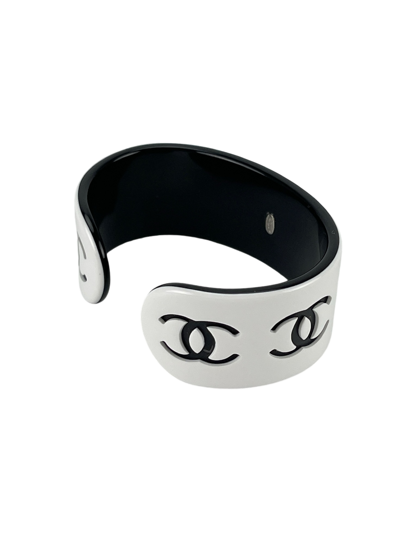 CHANEL - Black CC Logo x White Plastic Open Bangle