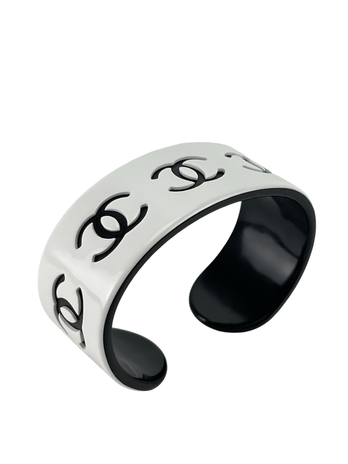 CHANEL - Black CC Logo x White Plastic Open Bangle