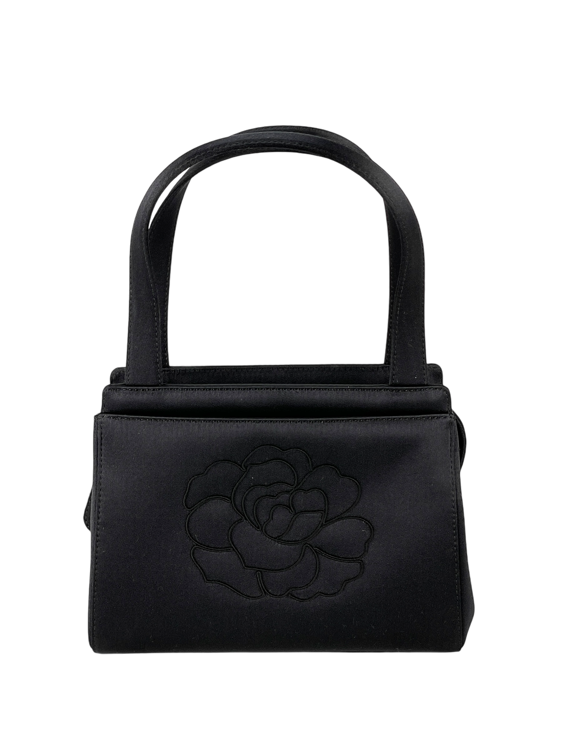 CHANEL - Black Satin Camellia Evening Bag