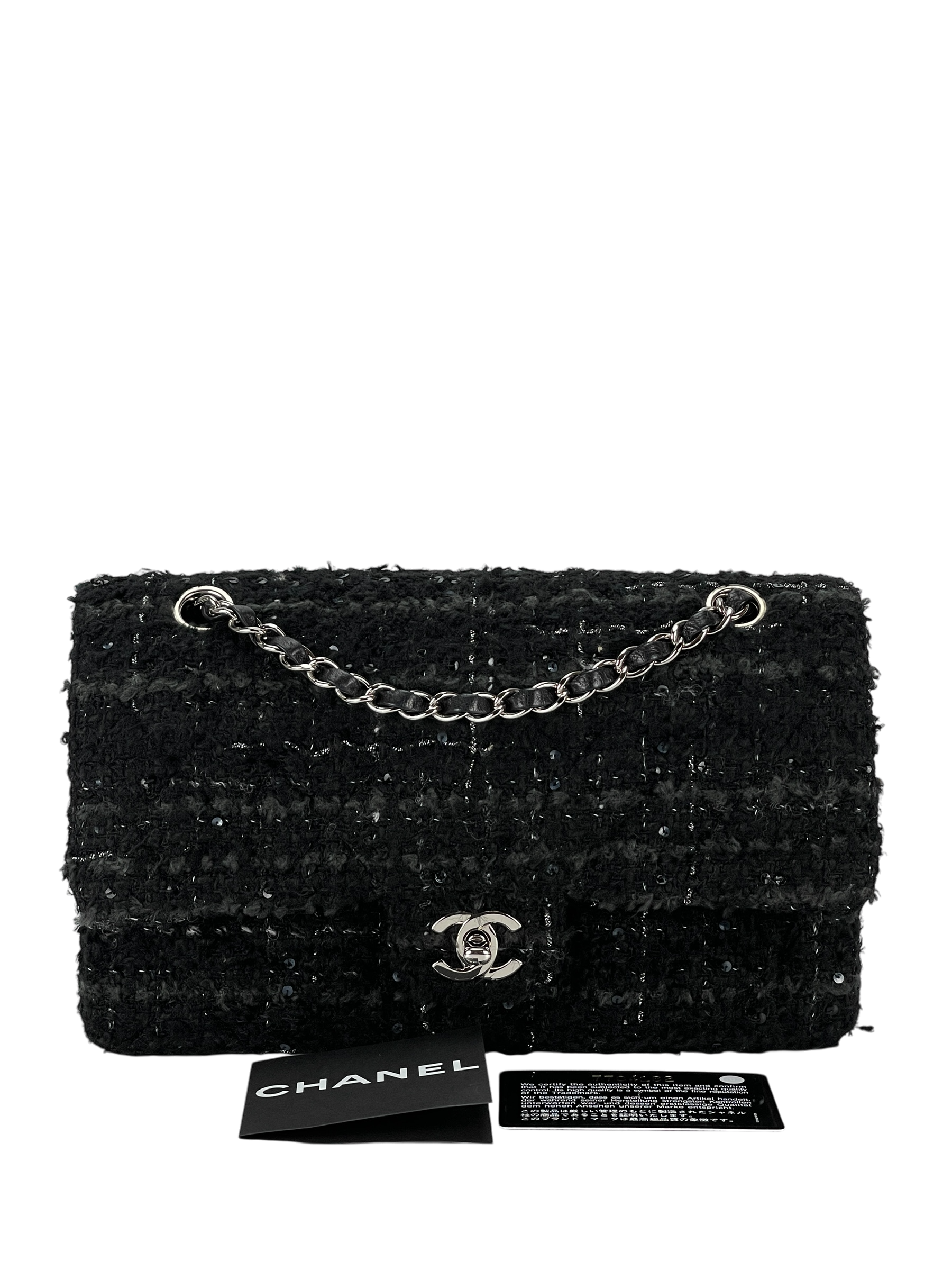 CHANEL - Double Flap Tasche Quilted Tweed mit Pailletten Medium