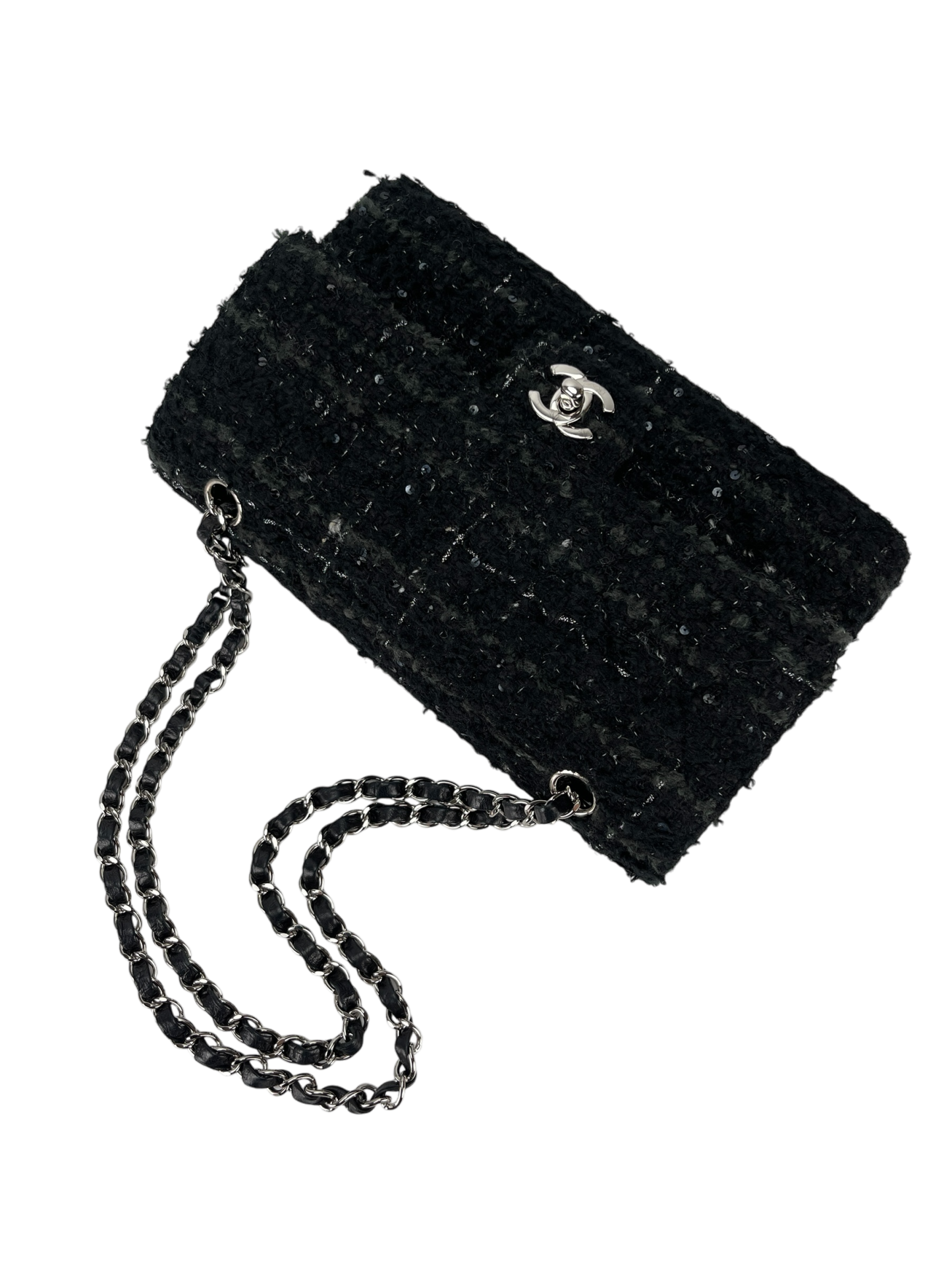 CHANEL - Double Flap Tasche Quilted Tweed mit Pailletten Medium