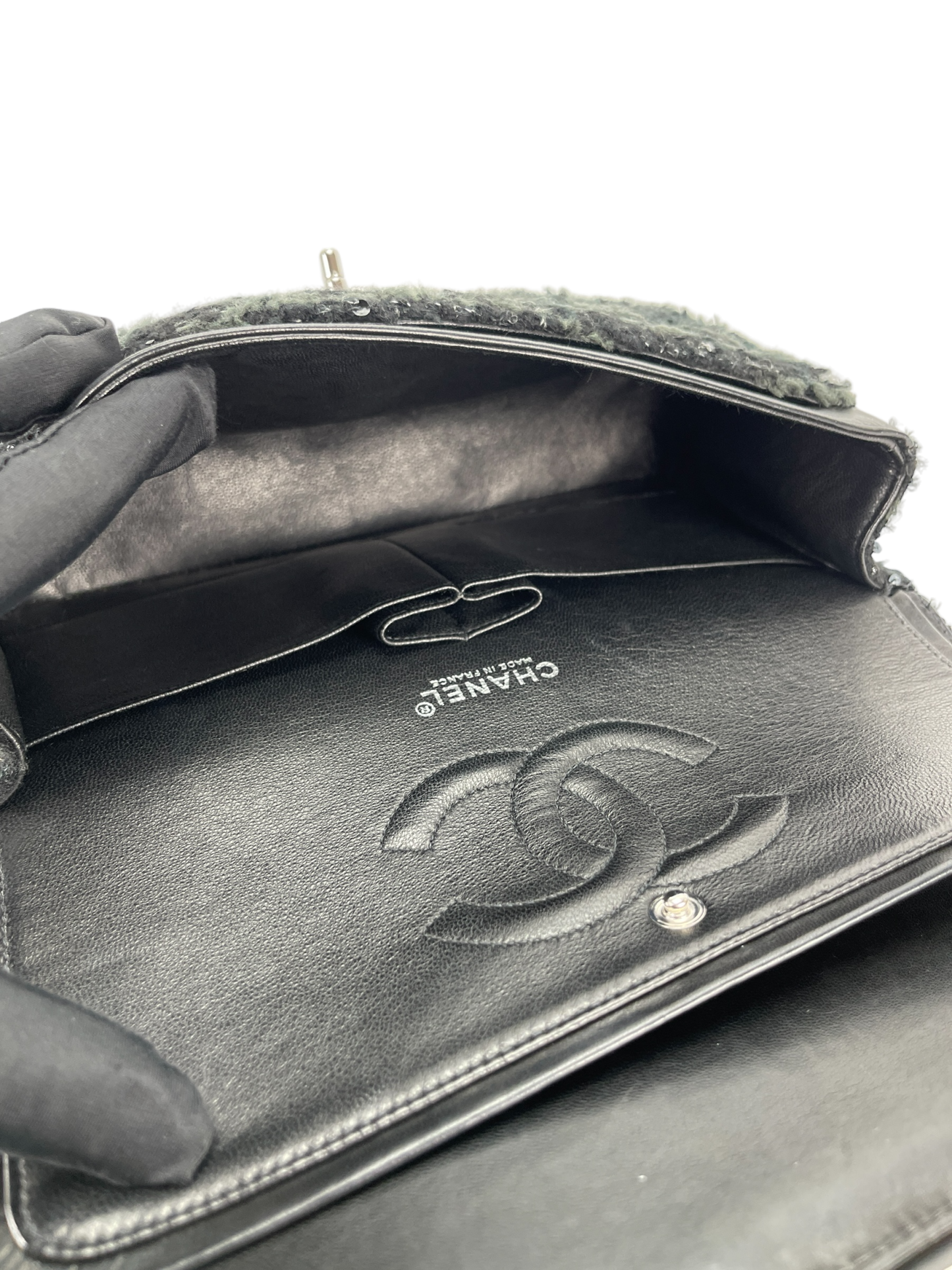 CHANEL - Double Flap Tasche Quilted Tweed mit Pailletten Medium