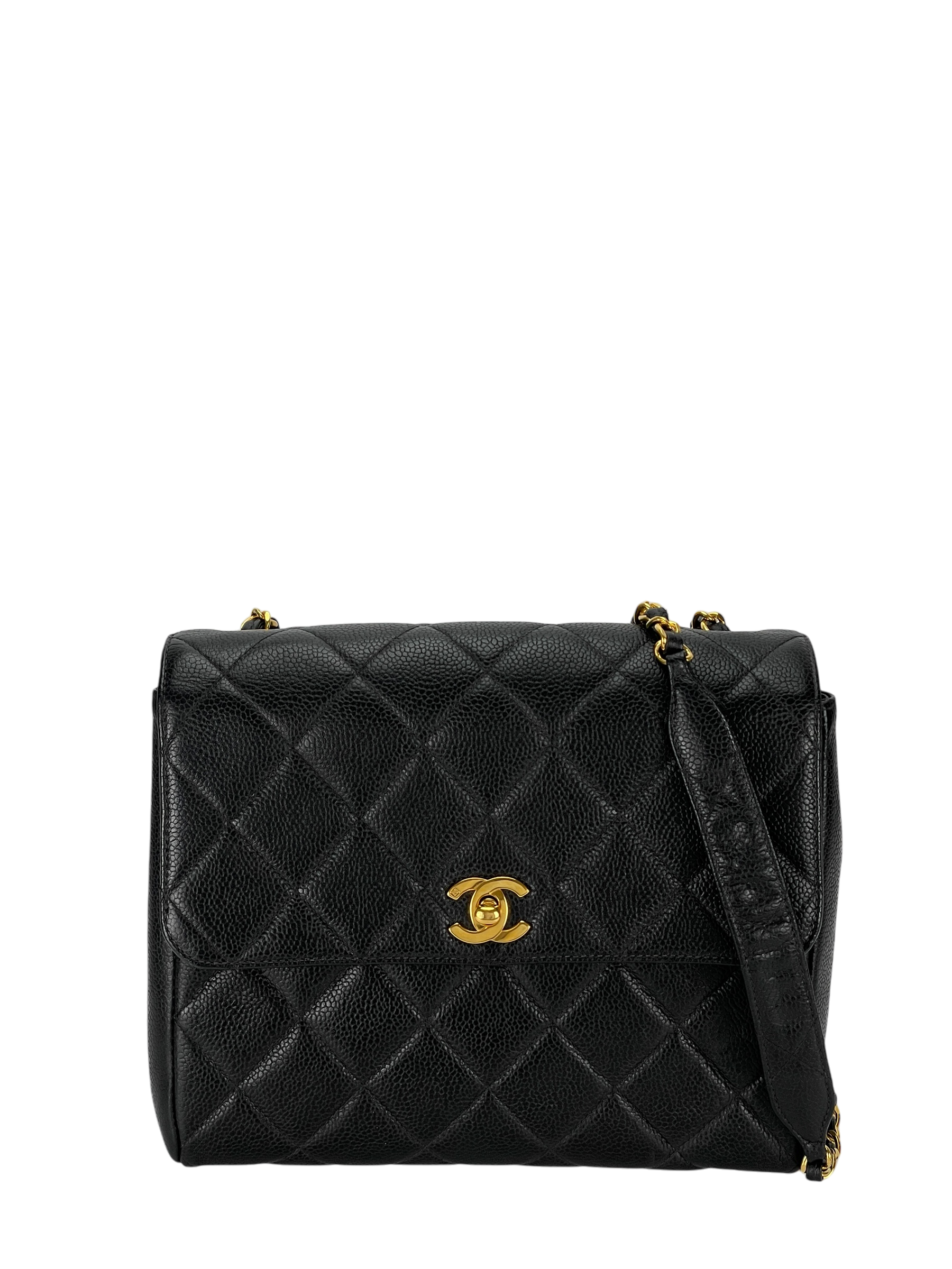 CHANEL - Black Quilted Caviar Leather Shoulder Flap Bag