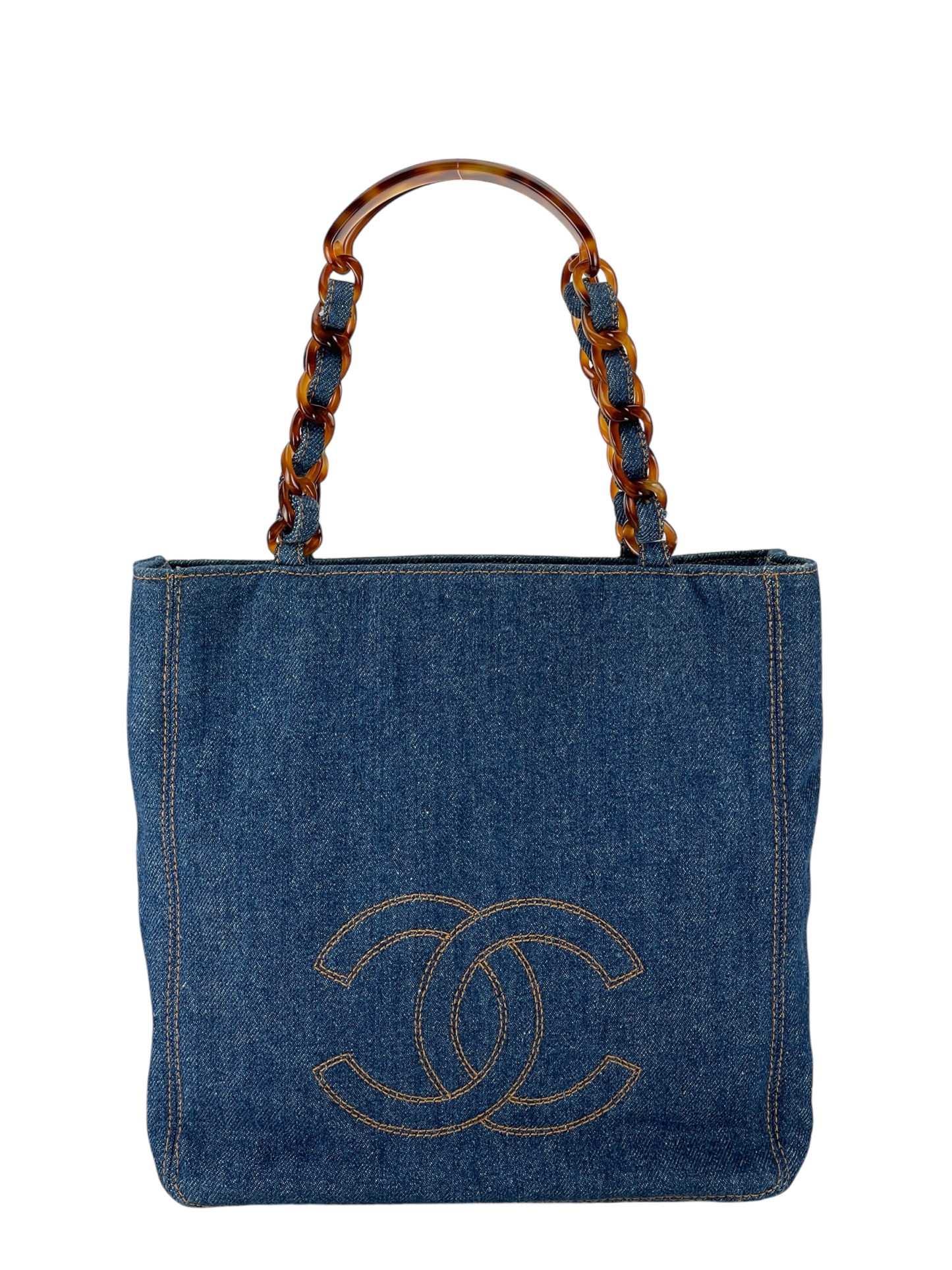 CHANEL - Denim Tortoiseshell Chain Tote Bag