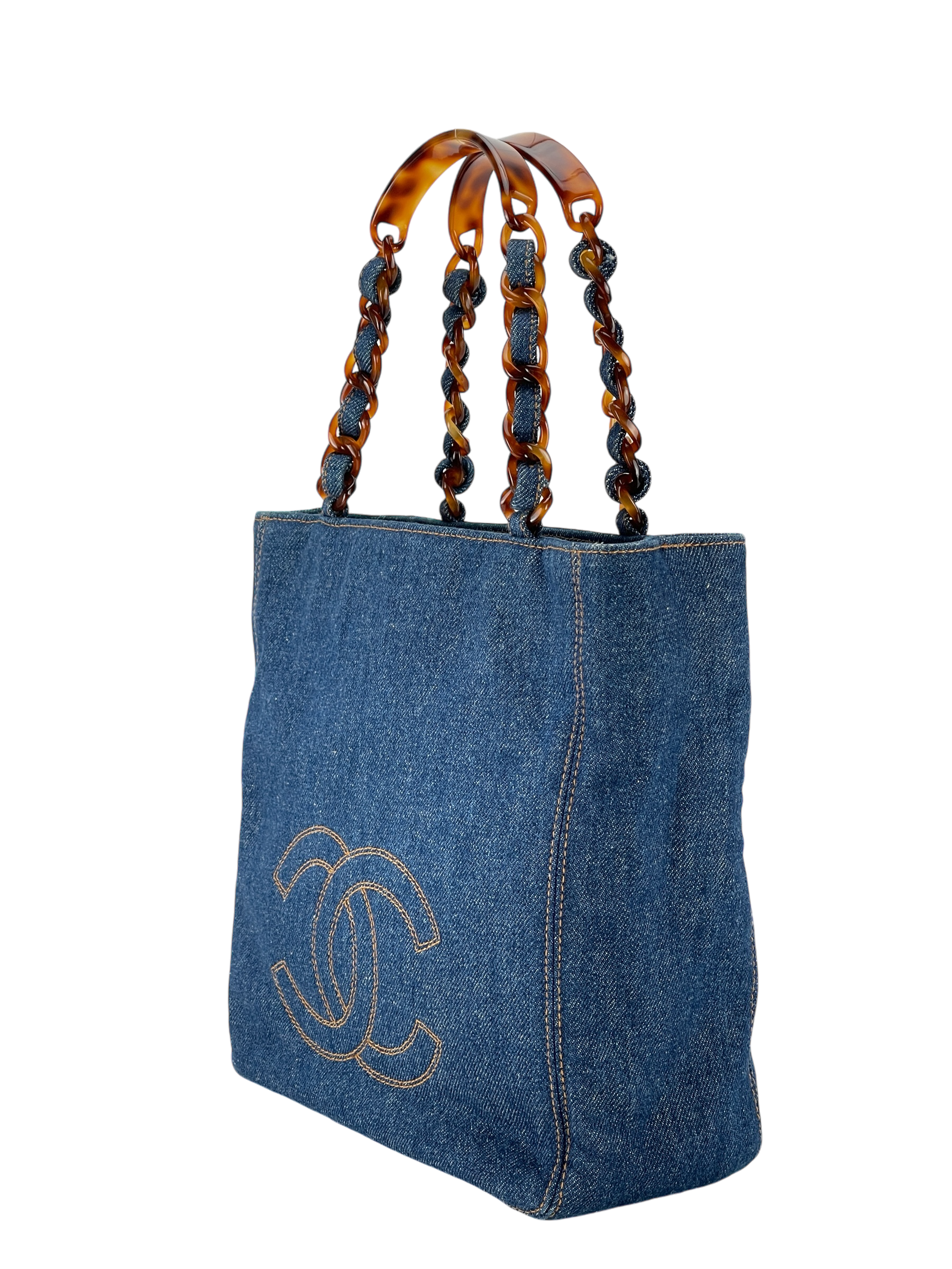 CHANEL - Denim Tortoiseshell Chain Tote Bag