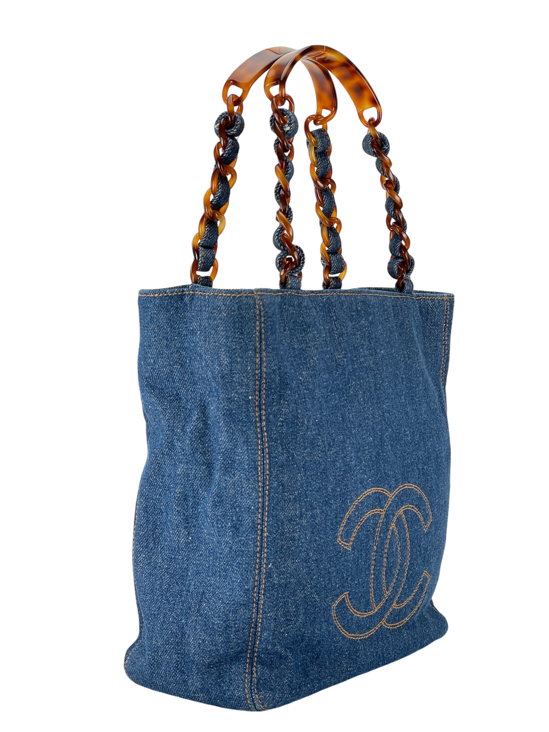 CHANEL - Denim Tortoiseshell Chain Tote Bag