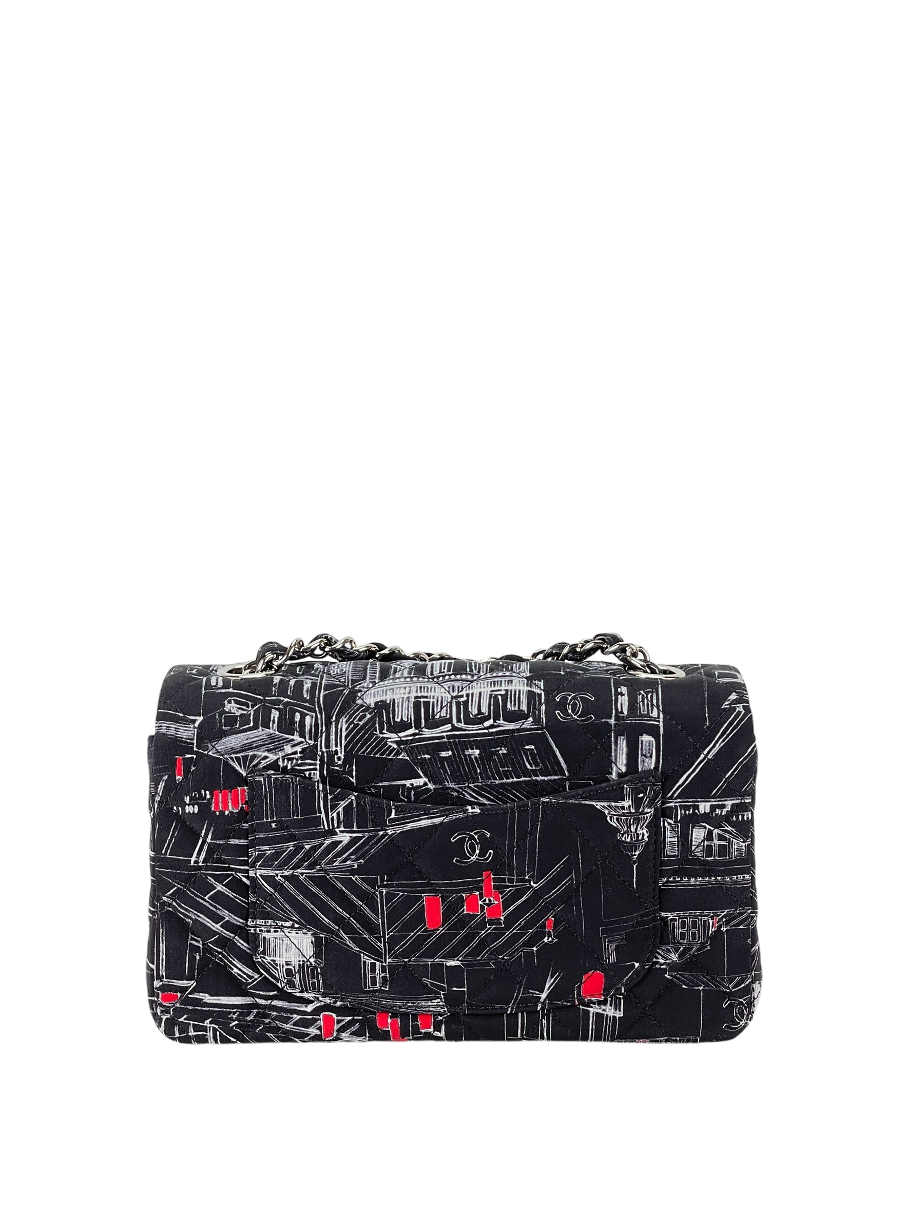 CHANEL - Fabric Black White Red Small Paris Rooftop Graphic Bag  