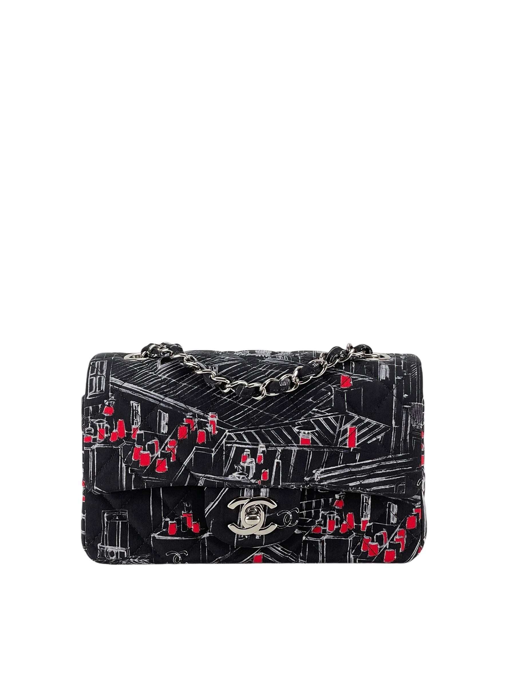CHANEL - Fabric Black White Red Small Paris Rooftop Graphic Bag  