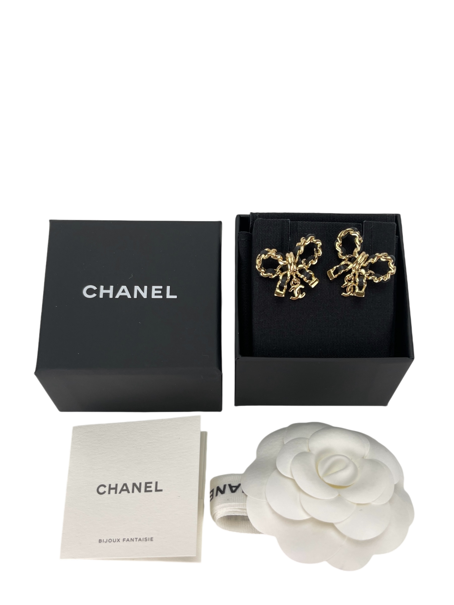 CHANEL - CHANEL Leather Bow CC Logo Earrings Gold