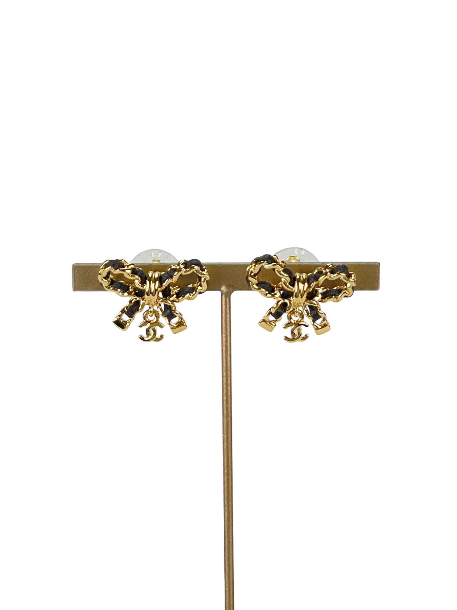 CHANEL - CHANEL Leather Bow CC Logo Earrings Gold