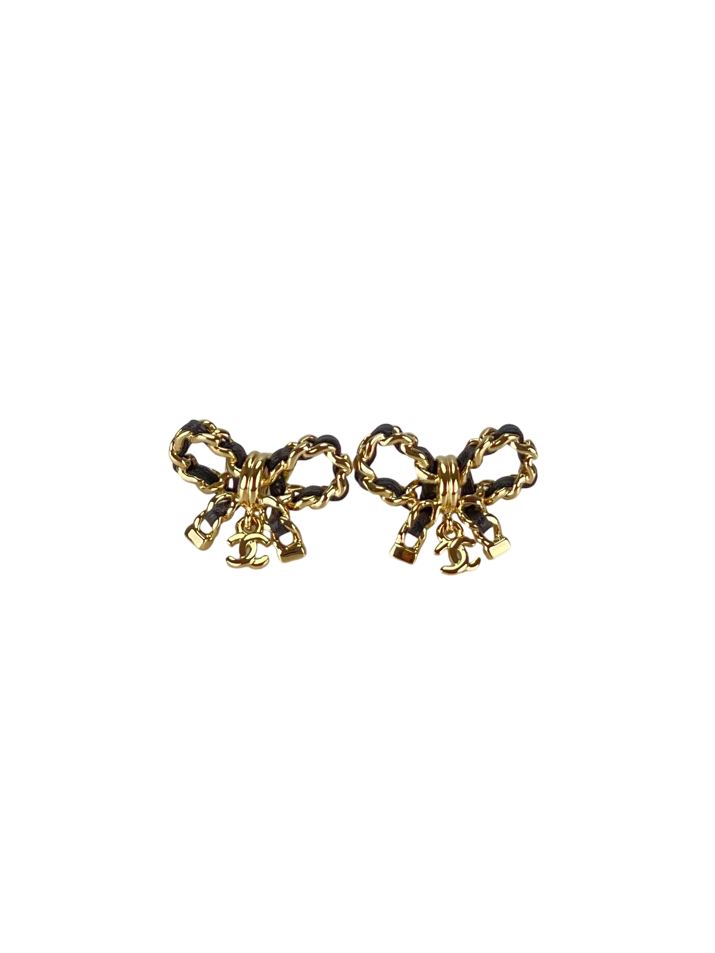 CHANEL - CHANEL Leather Bow CC Logo Earrings Gold
