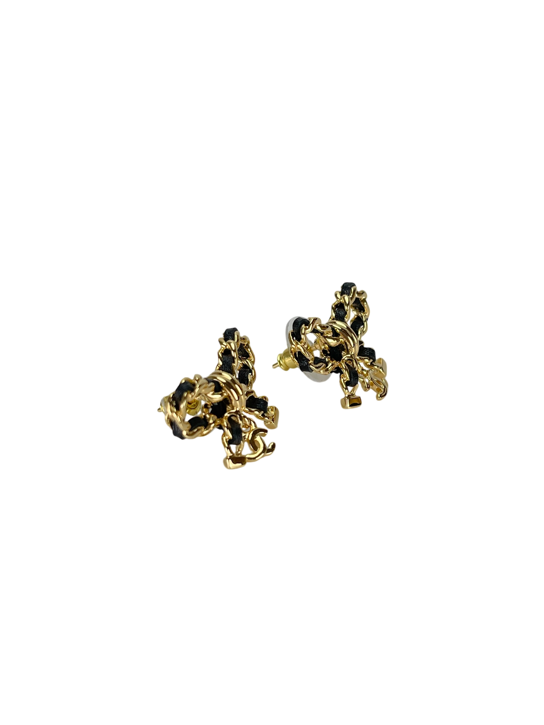 CHANEL - CHANEL Leather Bow CC Logo Earrings Gold