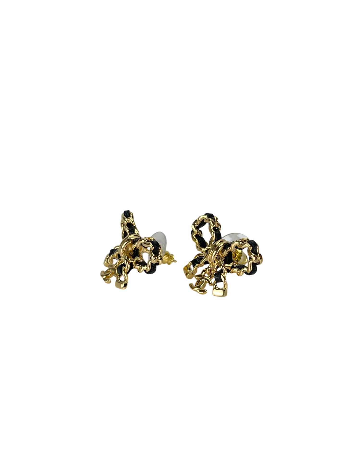 CHANEL - CHANEL Leather Bow CC Logo Earrings Gold