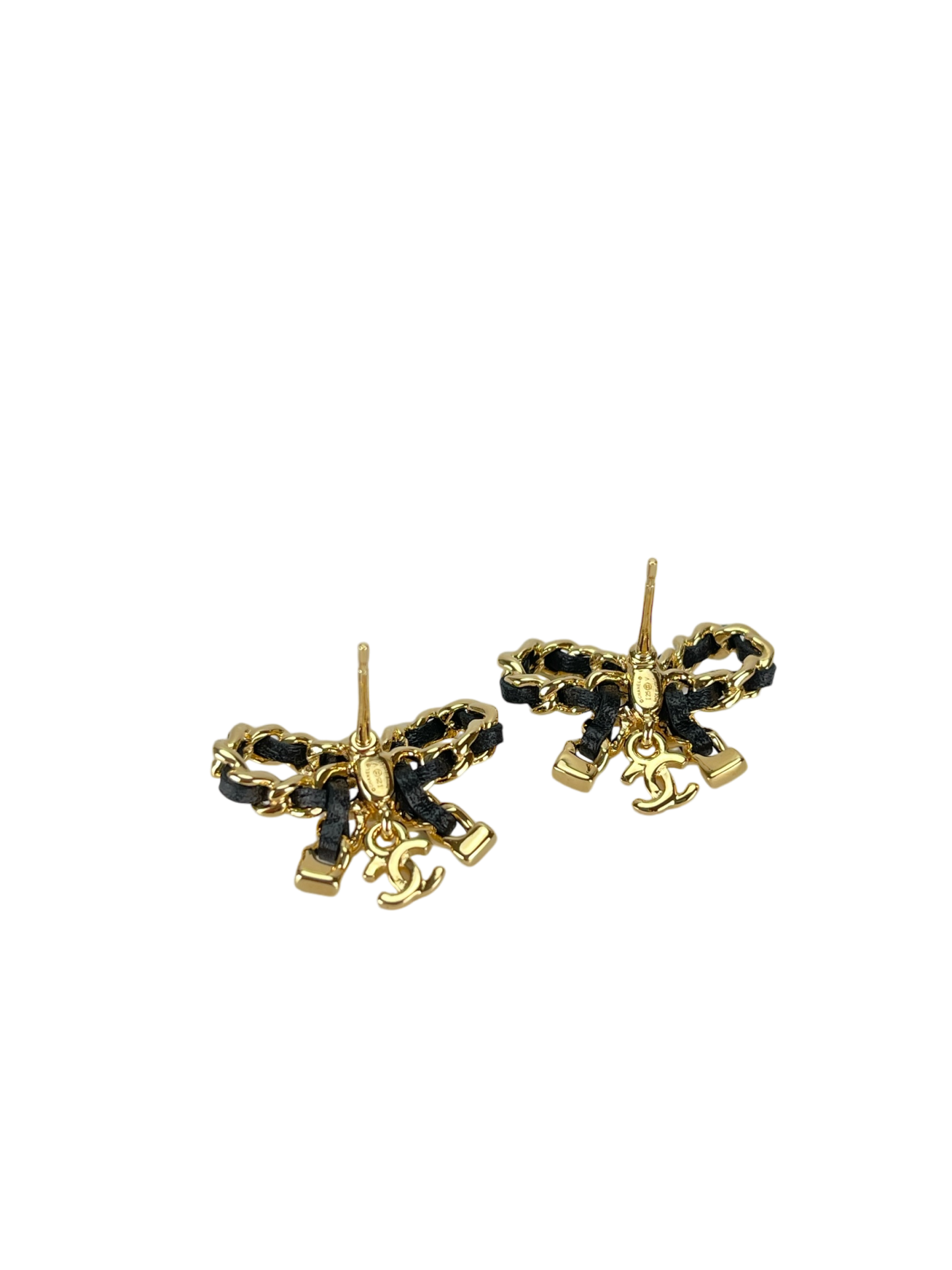 CHANEL - CHANEL Leather Bow CC Logo Earrings Gold