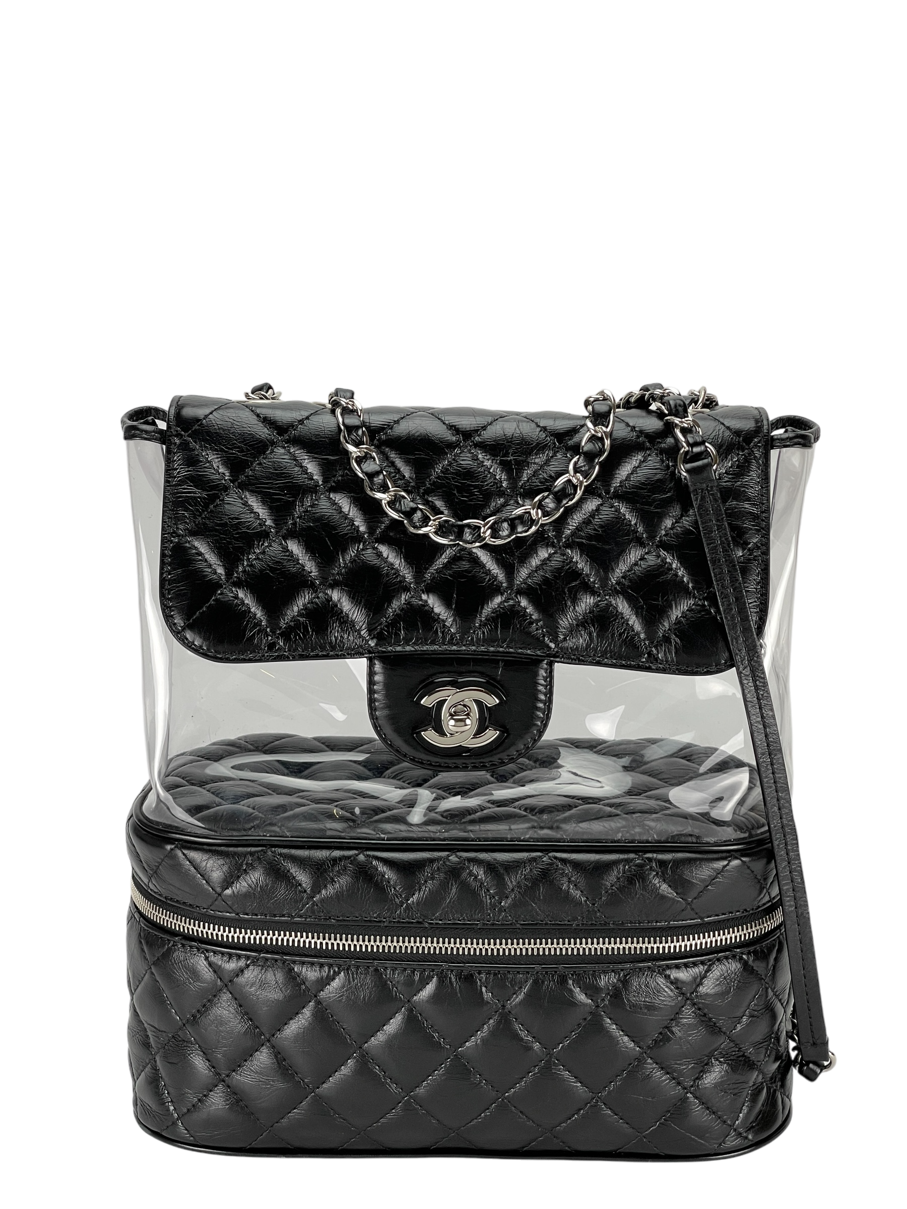 CHANEL - Crumpled Black Calfskin PVC Backpack 