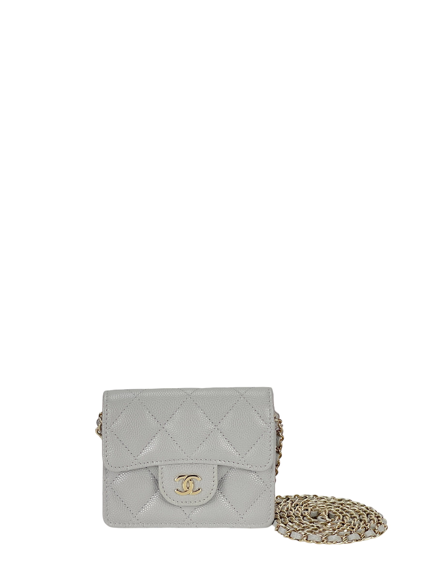 CHANEL - 21A Quilted Flap Card Holder Grey Caviar On Chain 