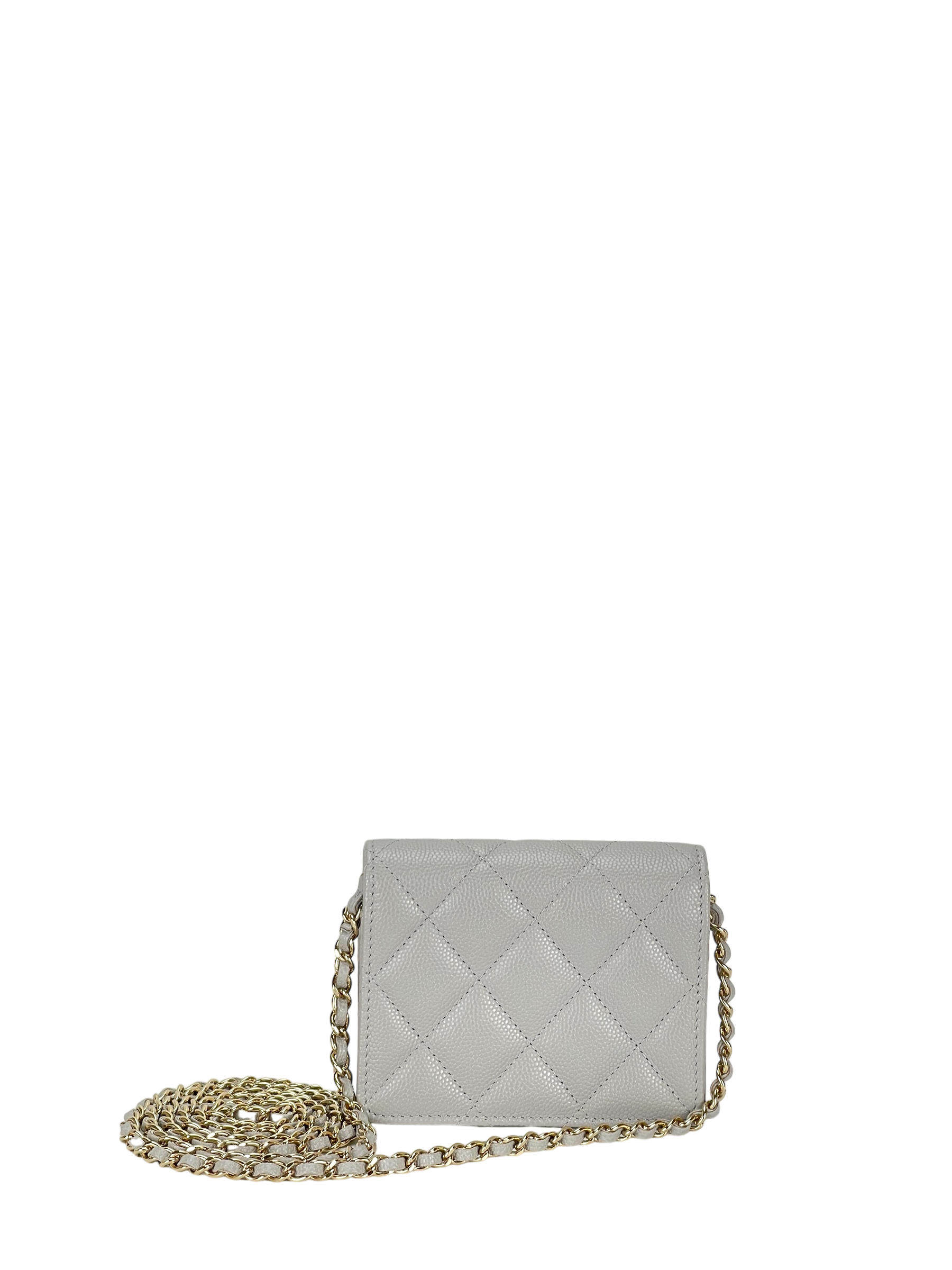 CHANEL - 21A Quilted Flap Card Holder Grey Caviar On Chain 