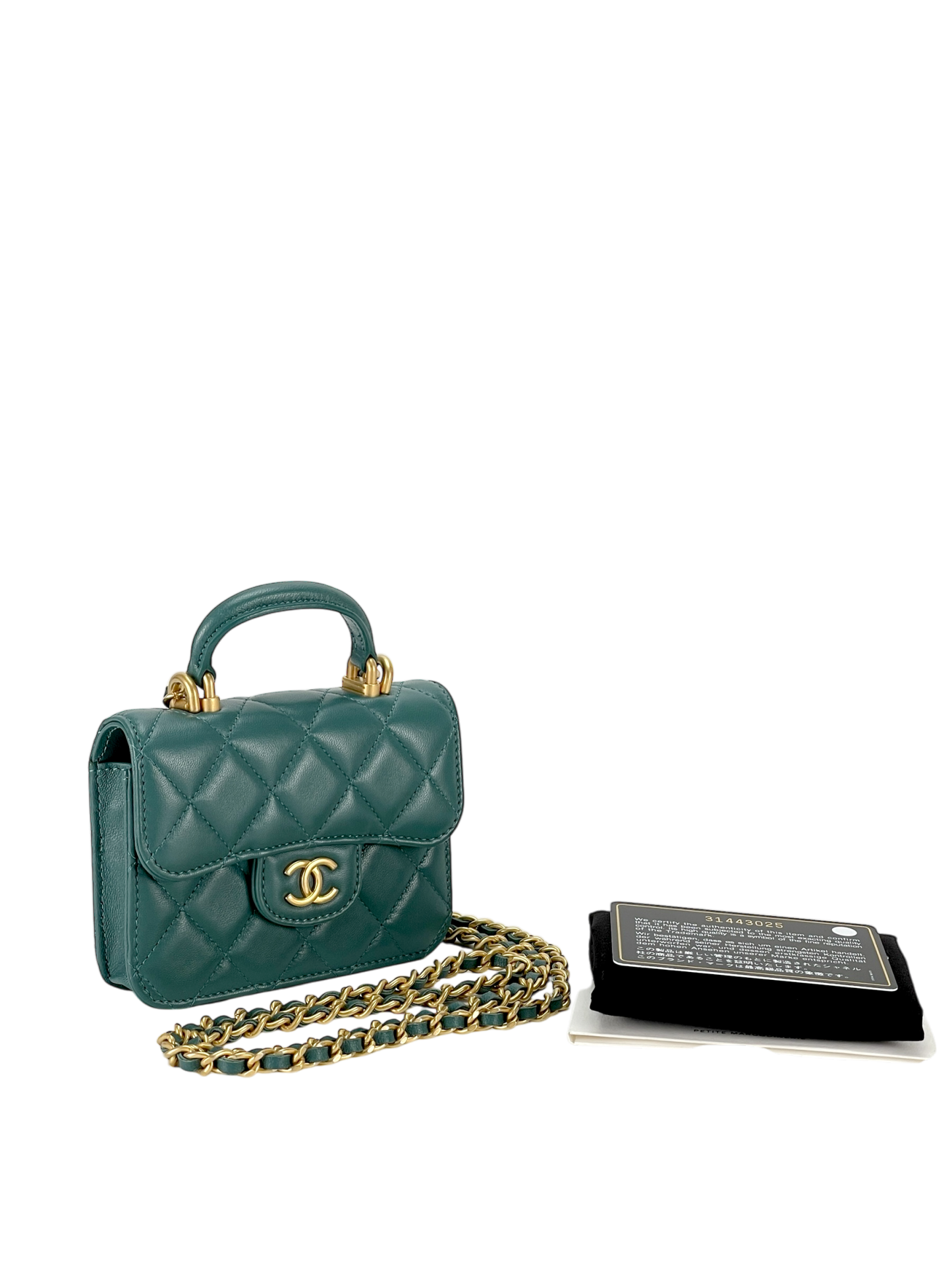 CHANEL - Quilted Top Handle Flap Coin Purse Green Lambskin With Chain