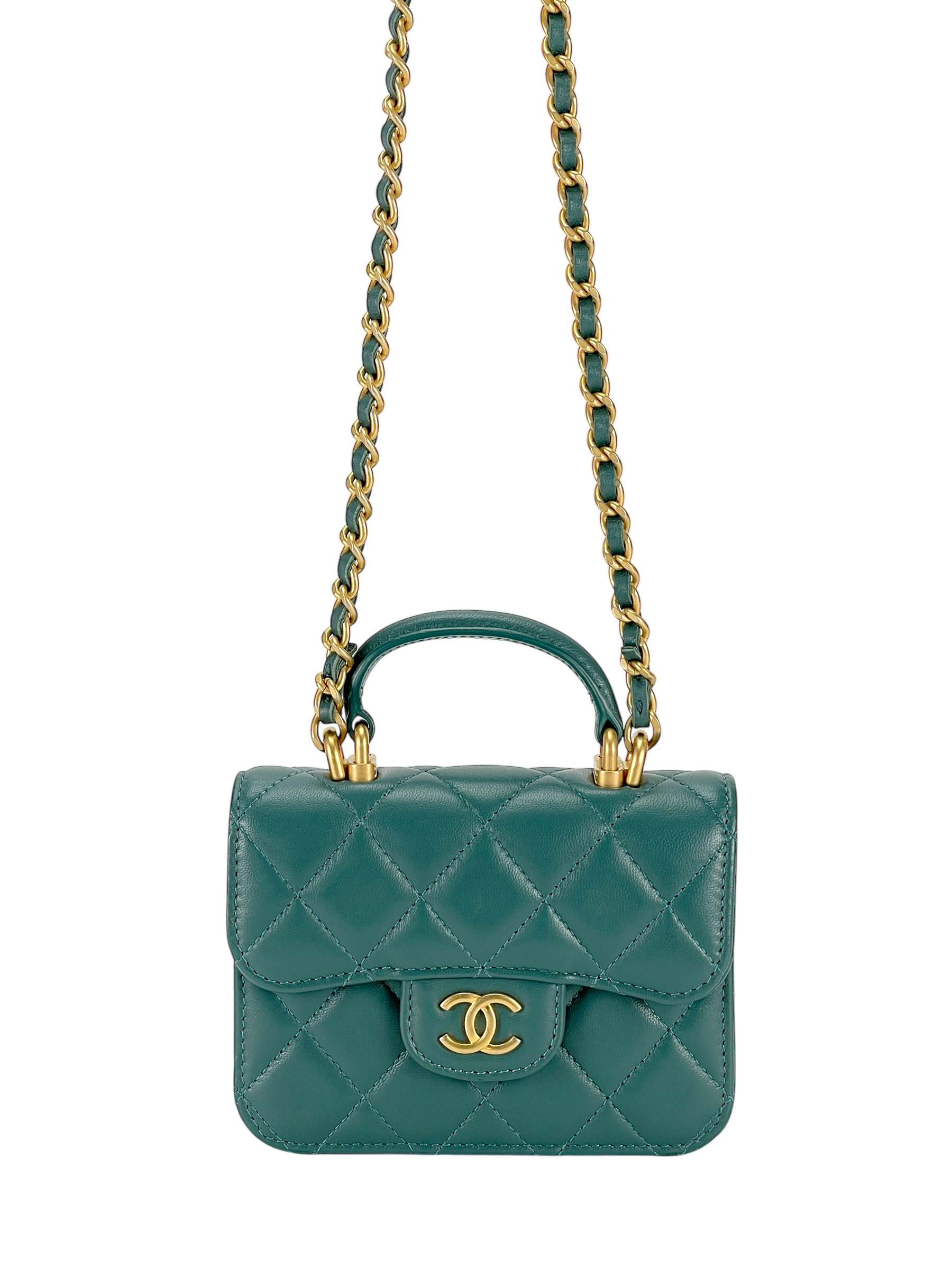 CHANEL - Quilted Top Handle Flap Coin Purse Green Lambskin With Chain 
