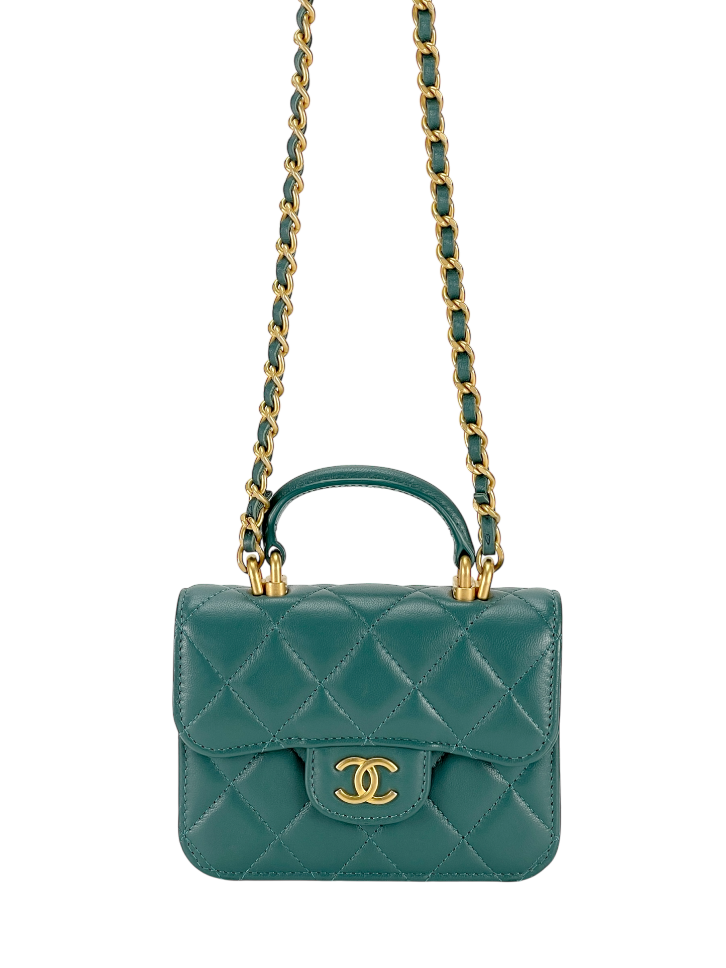 CHANEL - Quilted Top Handle Flap Coin Purse Green Lambskin With Chain