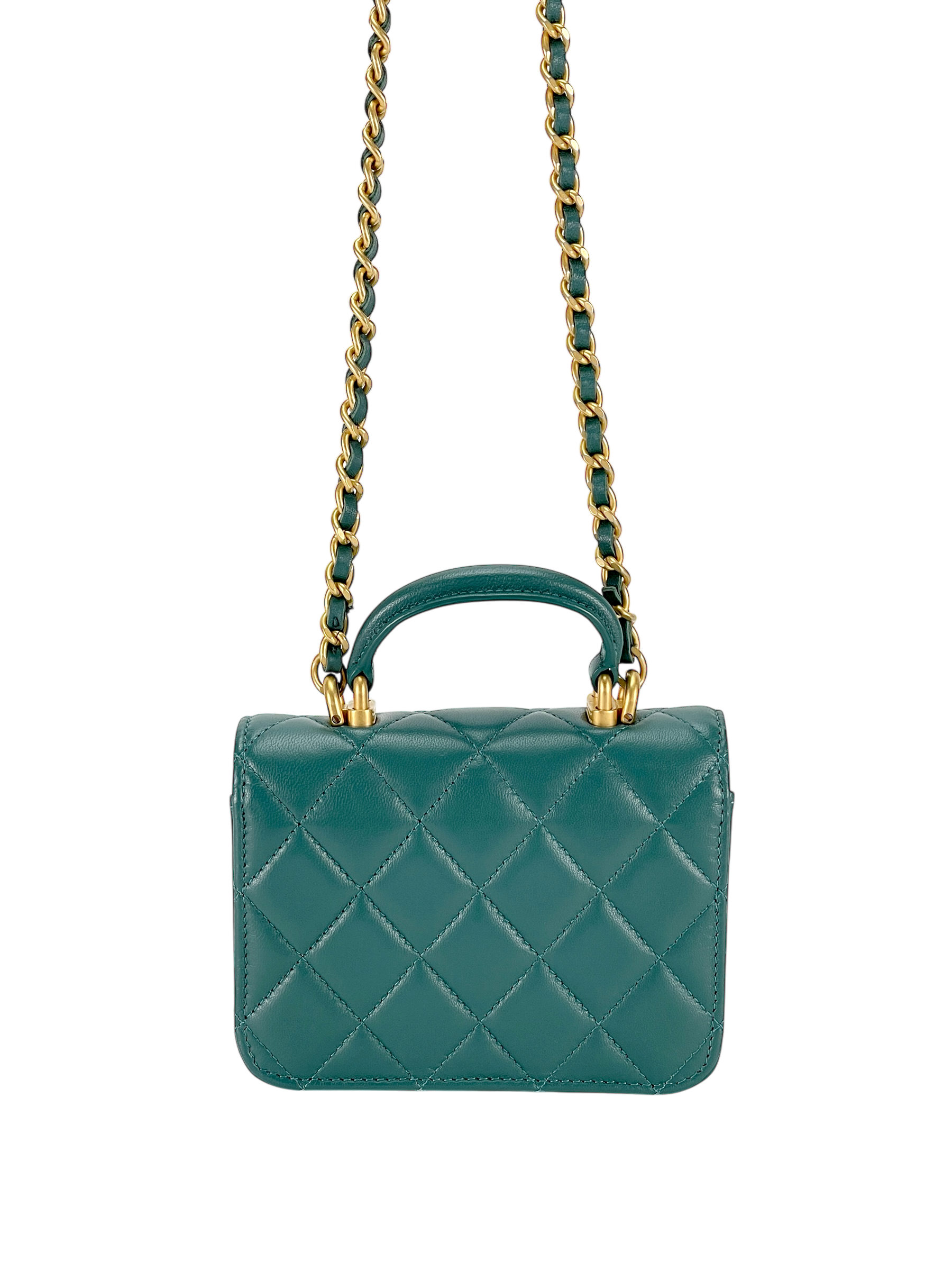 CHANEL - Quilted Top Handle Flap Coin Purse Green Lambskin With Chain 