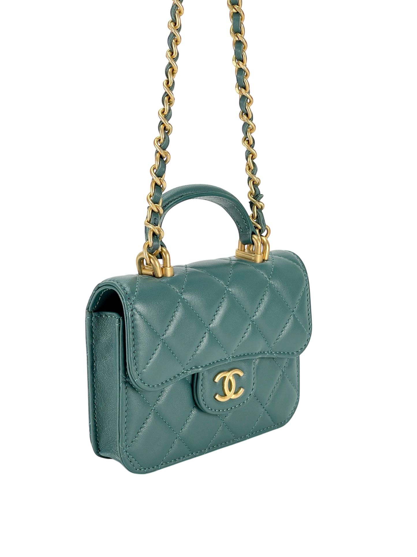 CHANEL - Quilted Top Handle Flap Coin Purse Green Lambskin With Chain