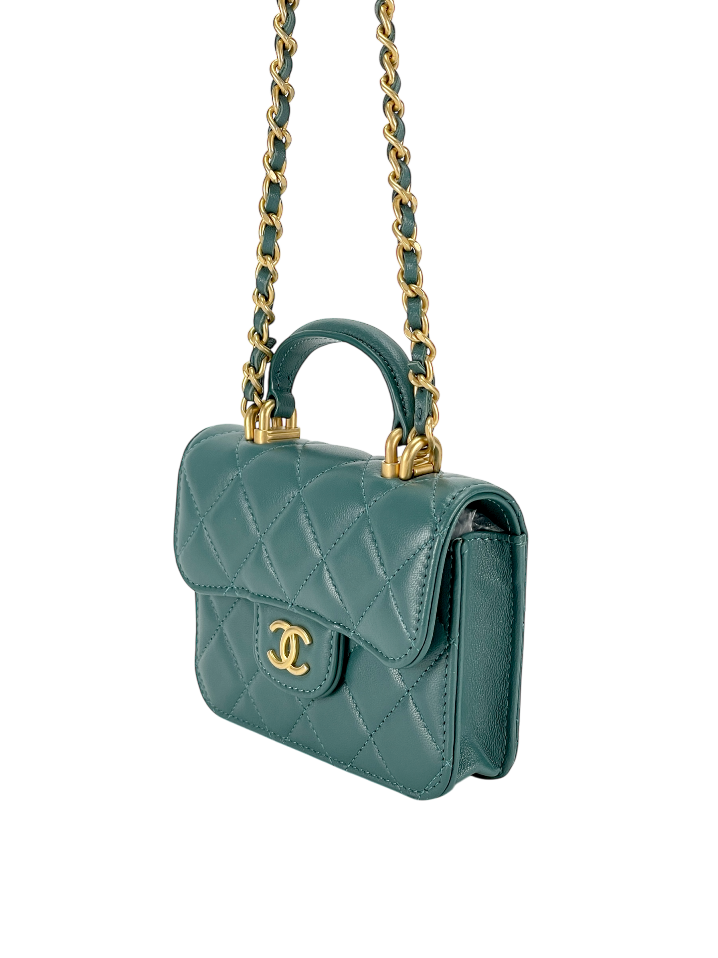 CHANEL - Quilted Top Handle Flap Coin Purse Green Lambskin With Chain