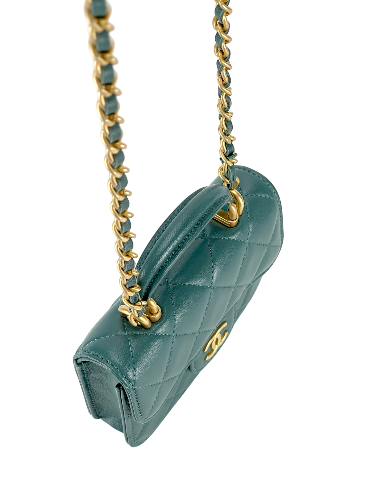 CHANEL - Quilted Top Handle Flap Coin Purse Green Lambskin With Chain