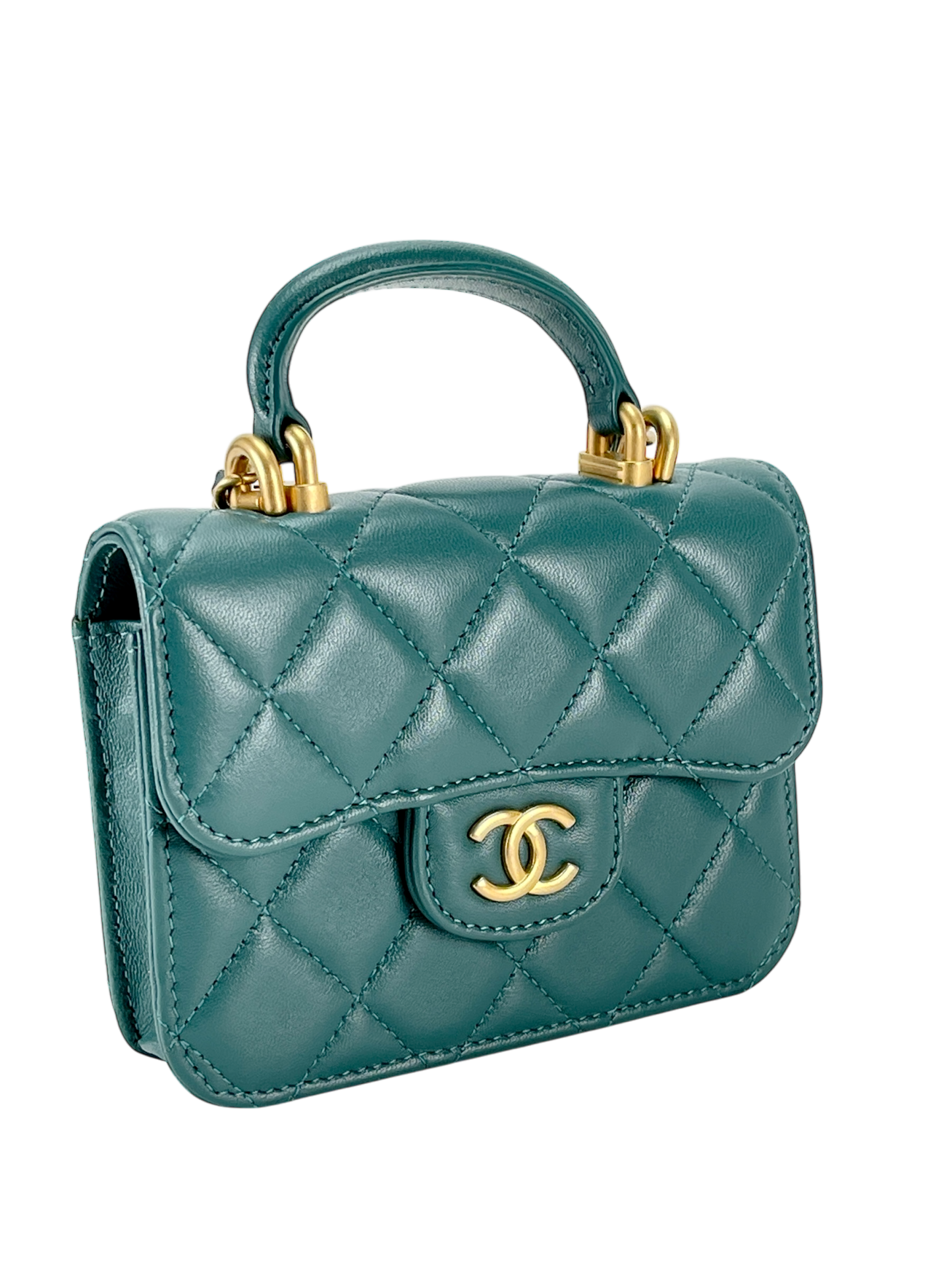 CHANEL - Quilted Top Handle Flap Coin Purse Green Lambskin With Chain