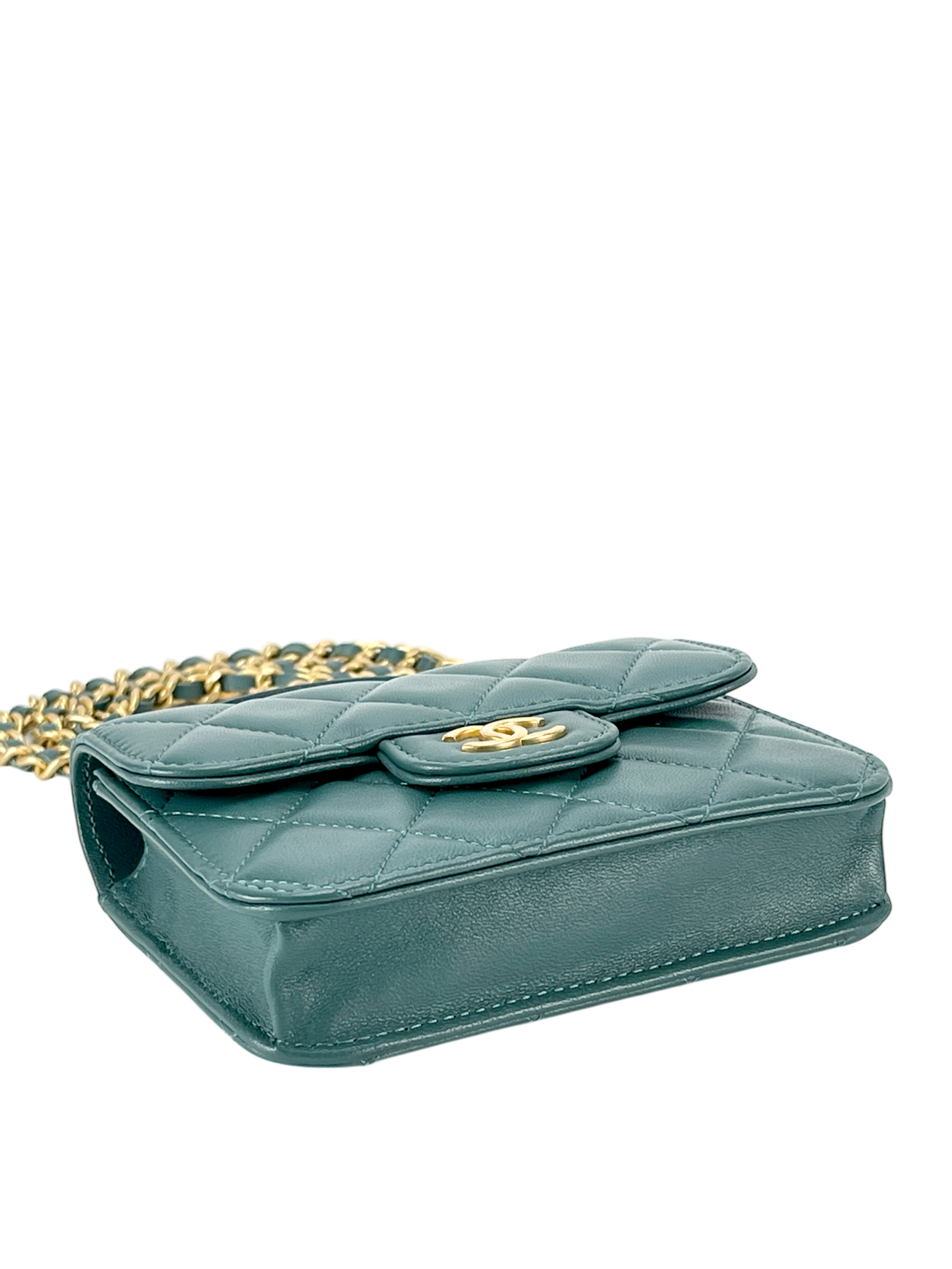 CHANEL - Quilted Top Handle Flap Coin Purse Green Lambskin With Chain