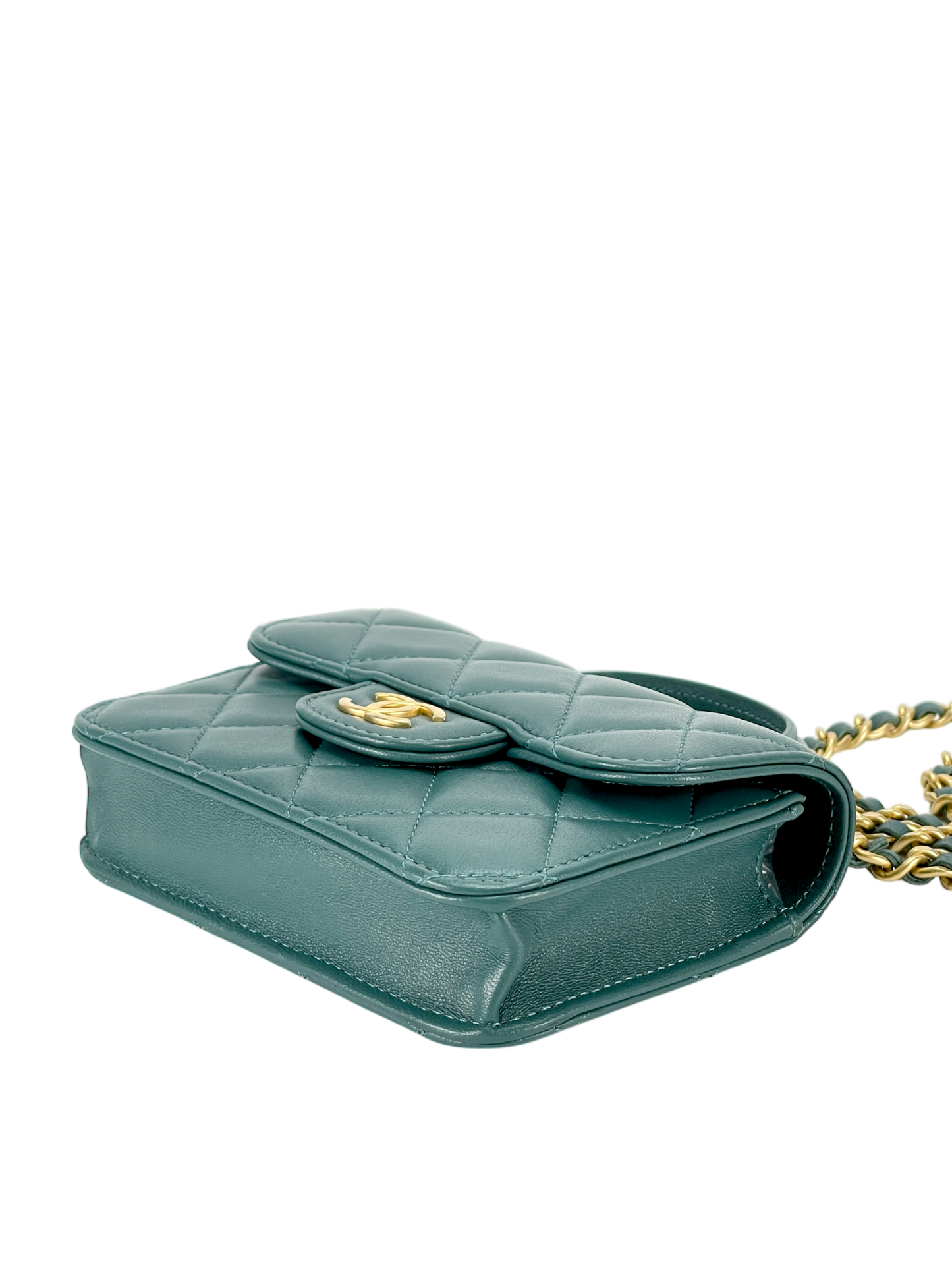 CHANEL - Quilted Top Handle Flap Coin Purse Green Lambskin With Chain